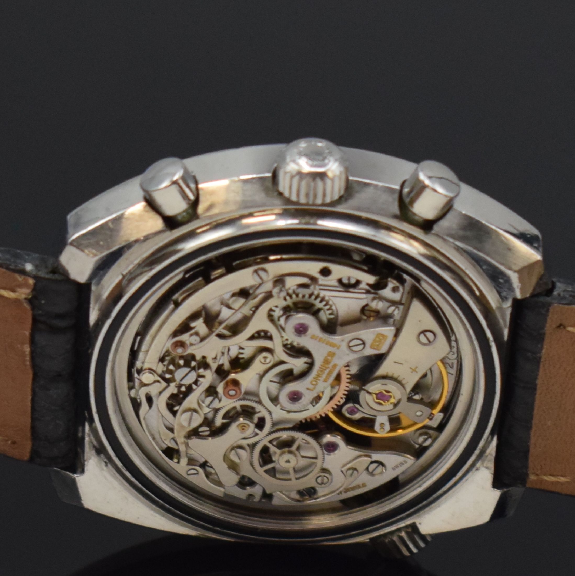 Detail e: LONGINES Herrenarmbanduhr mit Chronograph in Stahl mit Kaliber Valjoux 72 Referenz 8224- 1, Schweiz um 1967, Handaufzug, massives Gehäuse, geschr. ...