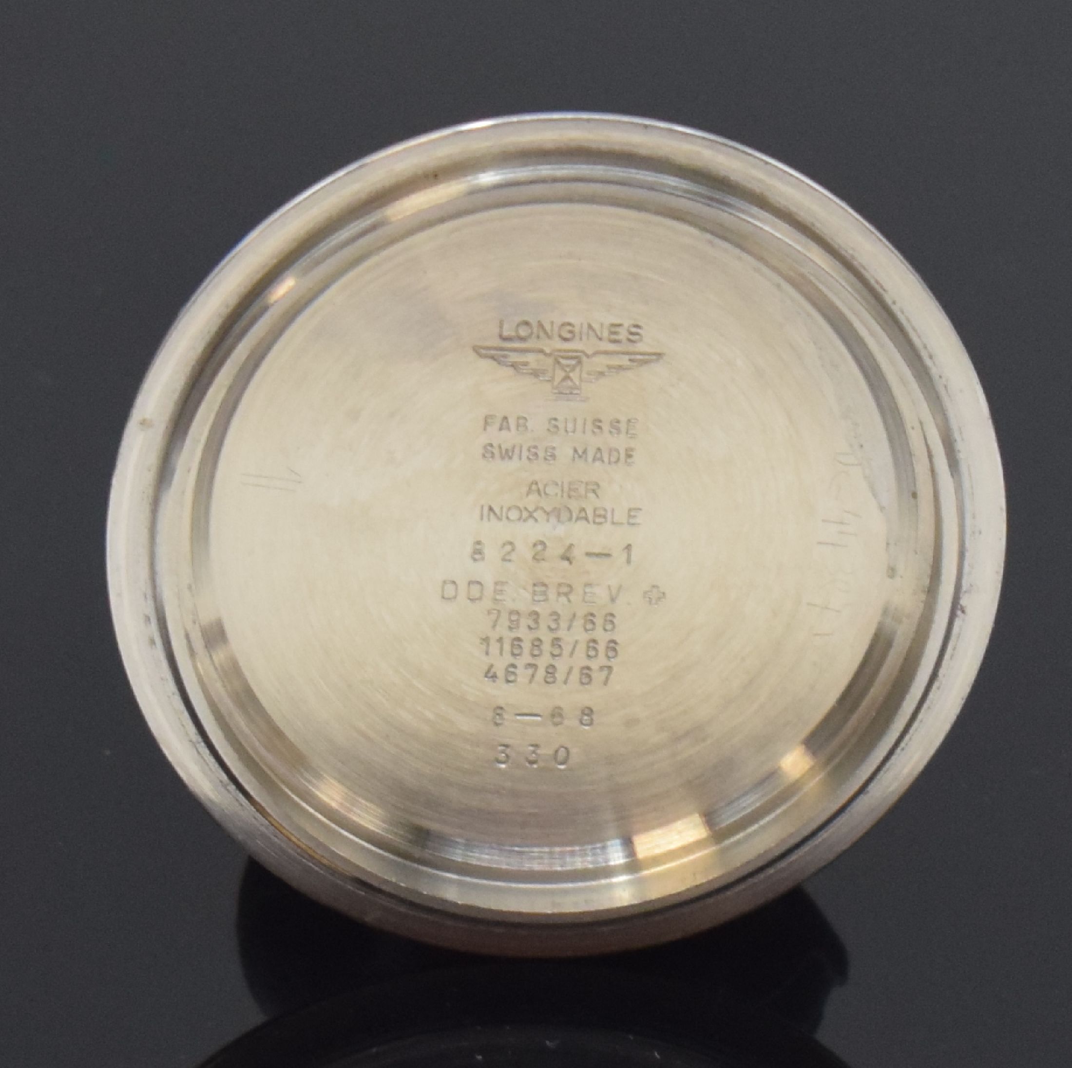 Detail g: LONGINES Herrenarmbanduhr mit Chronograph in Stahl mit Kaliber Valjoux 72 Referenz 8224- 1, Schweiz um 1967, Handaufzug, massives Gehäuse, geschr. ...