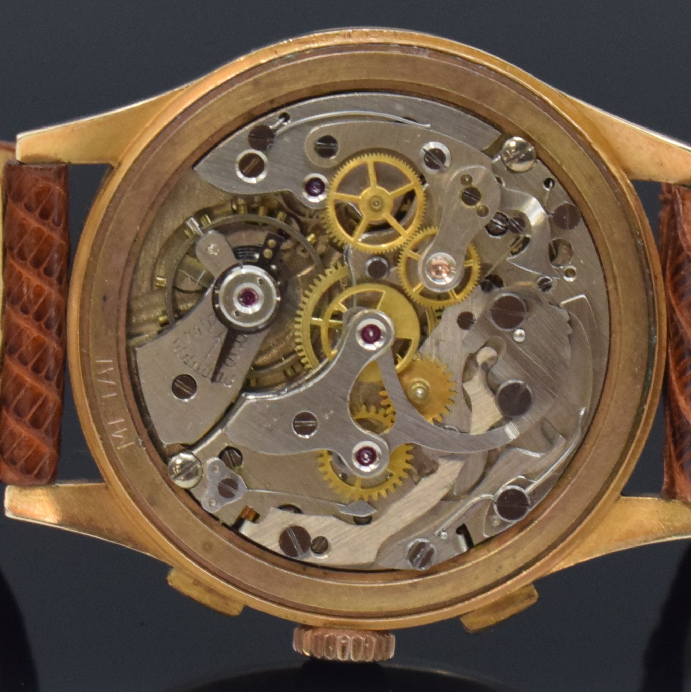 Detail g: CHRONOGRAPHE SUISSE Herrenarmbanduhr in RG 750/000 mit Chronograph, Schweiz um 1950, Handaufzug, 3-teil. Gehäuse, Boden u. Glasrd. gedr., gold. ...