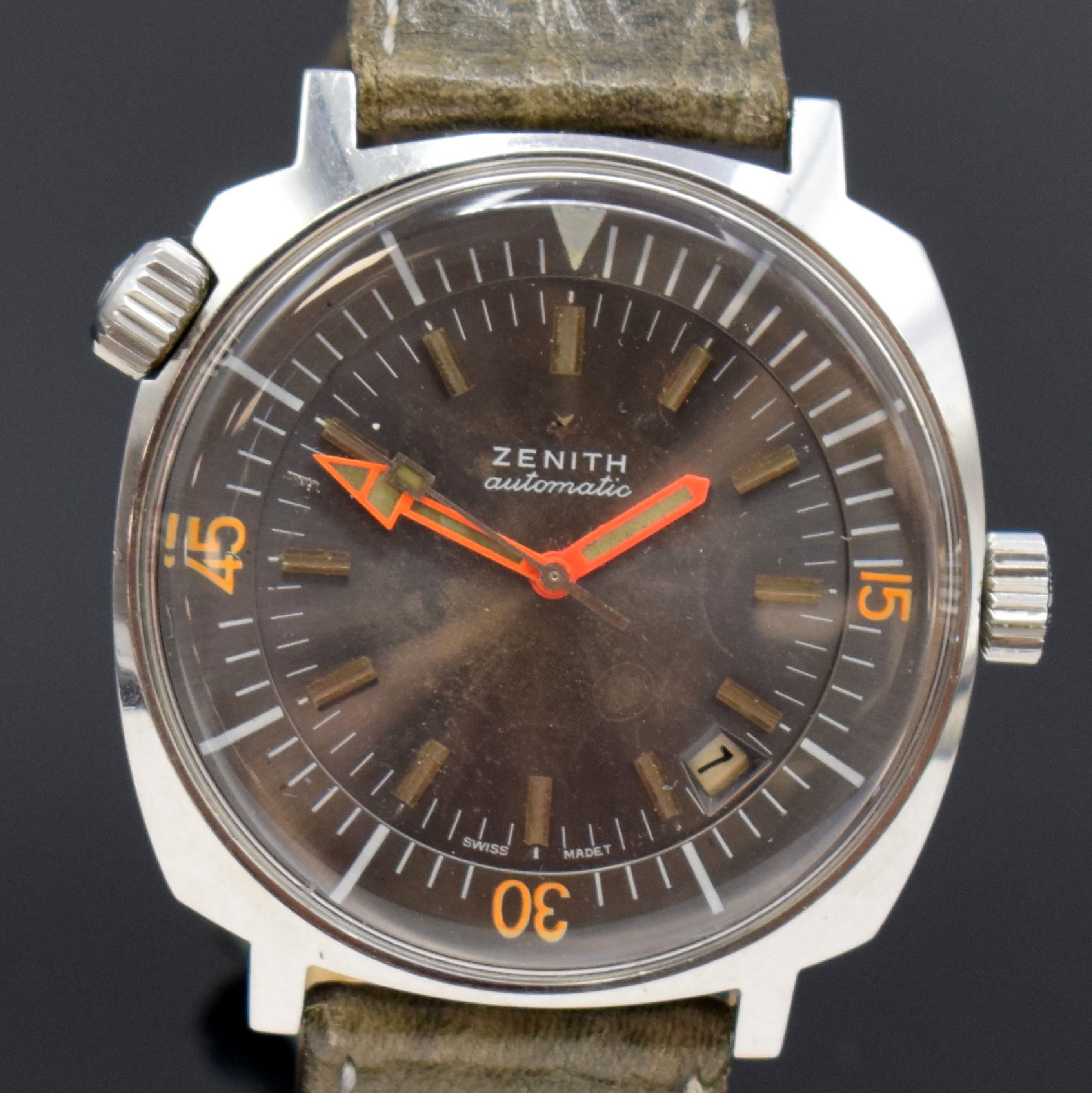 Detail a: ZENITH Super Sub Sea Diver Referenz A3635 seltene Herrenarmbanduhr, Schweiz um 1968, Automatik, massives Gehäuse in Stahl, Boden geschr., neutr. ...