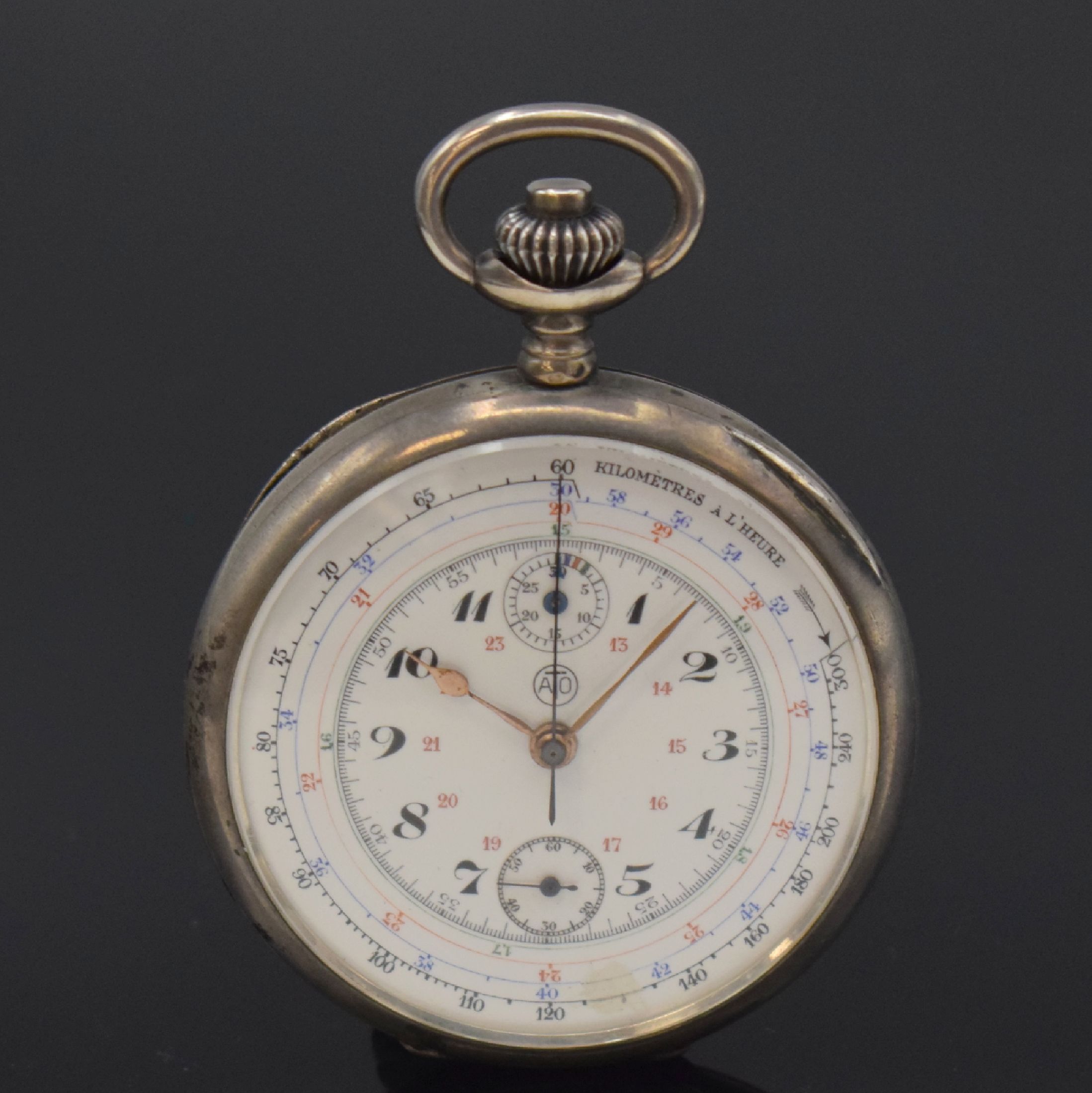 ATO offene Herrentaschenuhr mit Chronograph, Schweiz um 1915, Emailzifferbl. m. arab. Zahlen besch., versch. Hilfsskalen, 30-Min.- Zähler, verg. ...