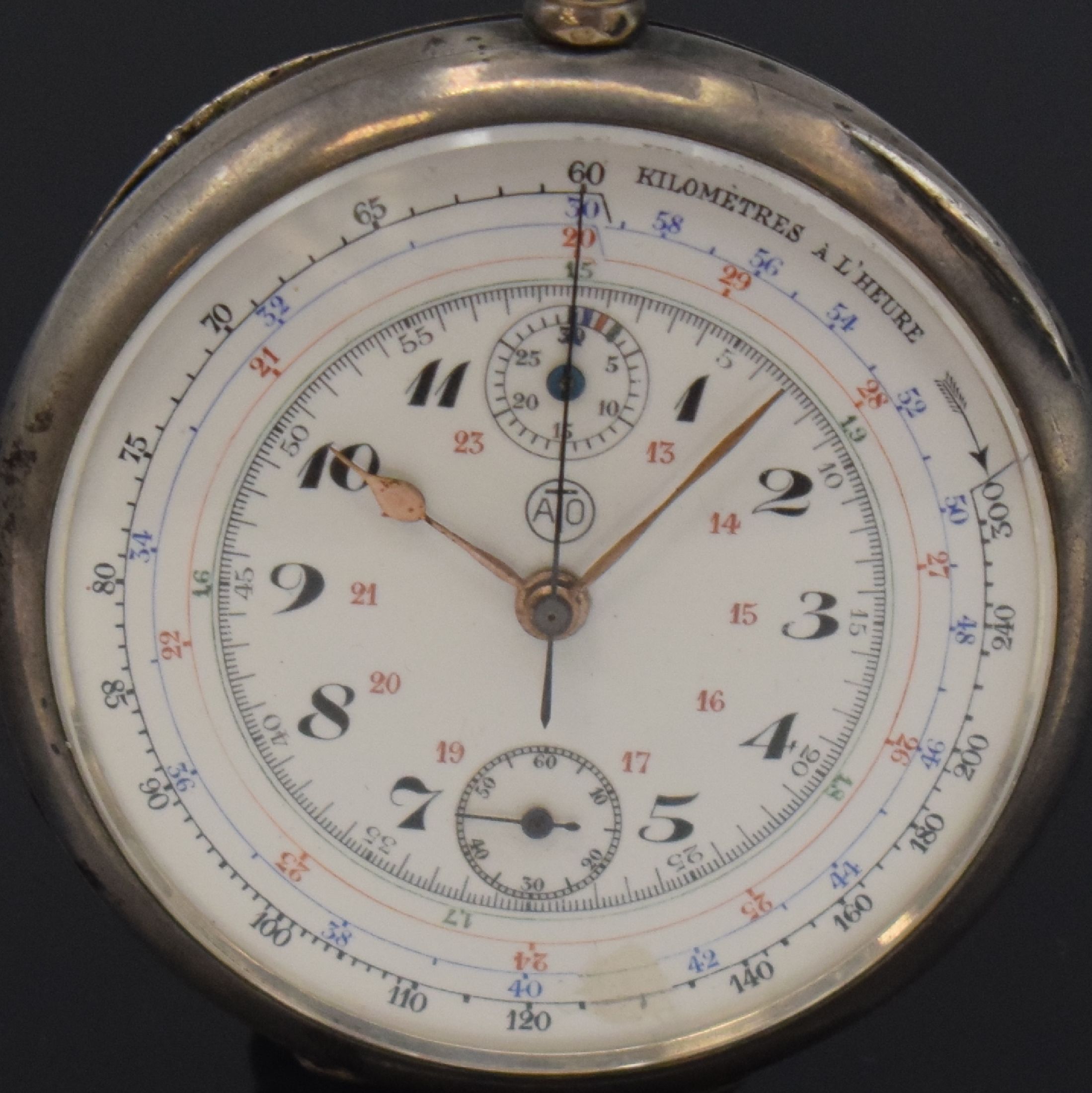 Detail a: ATO offene Herrentaschenuhr mit Chronograph, Schweiz um 1915, Emailzifferbl. m. arab. Zahlen besch., versch. Hilfsskalen, 30-Min.- Zähler, verg. ...