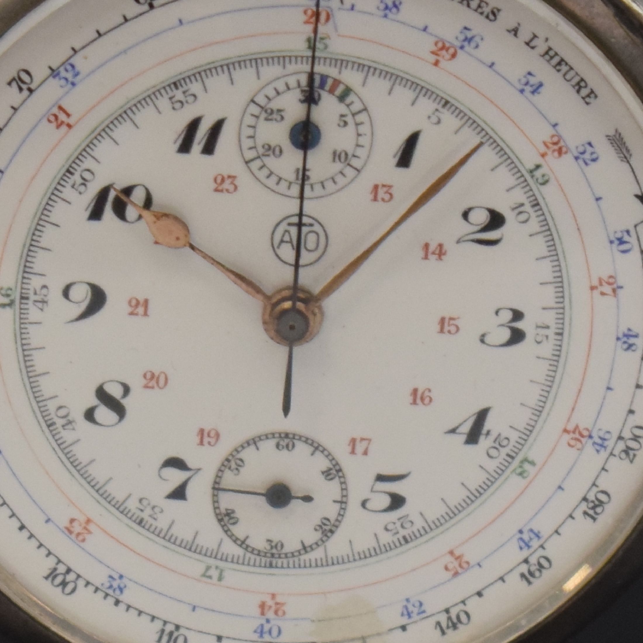 Detail b: ATO offene Herrentaschenuhr mit Chronograph, Schweiz um 1915, Emailzifferbl. m. arab. Zahlen besch., versch. Hilfsskalen, 30-Min.- Zähler, verg. ...