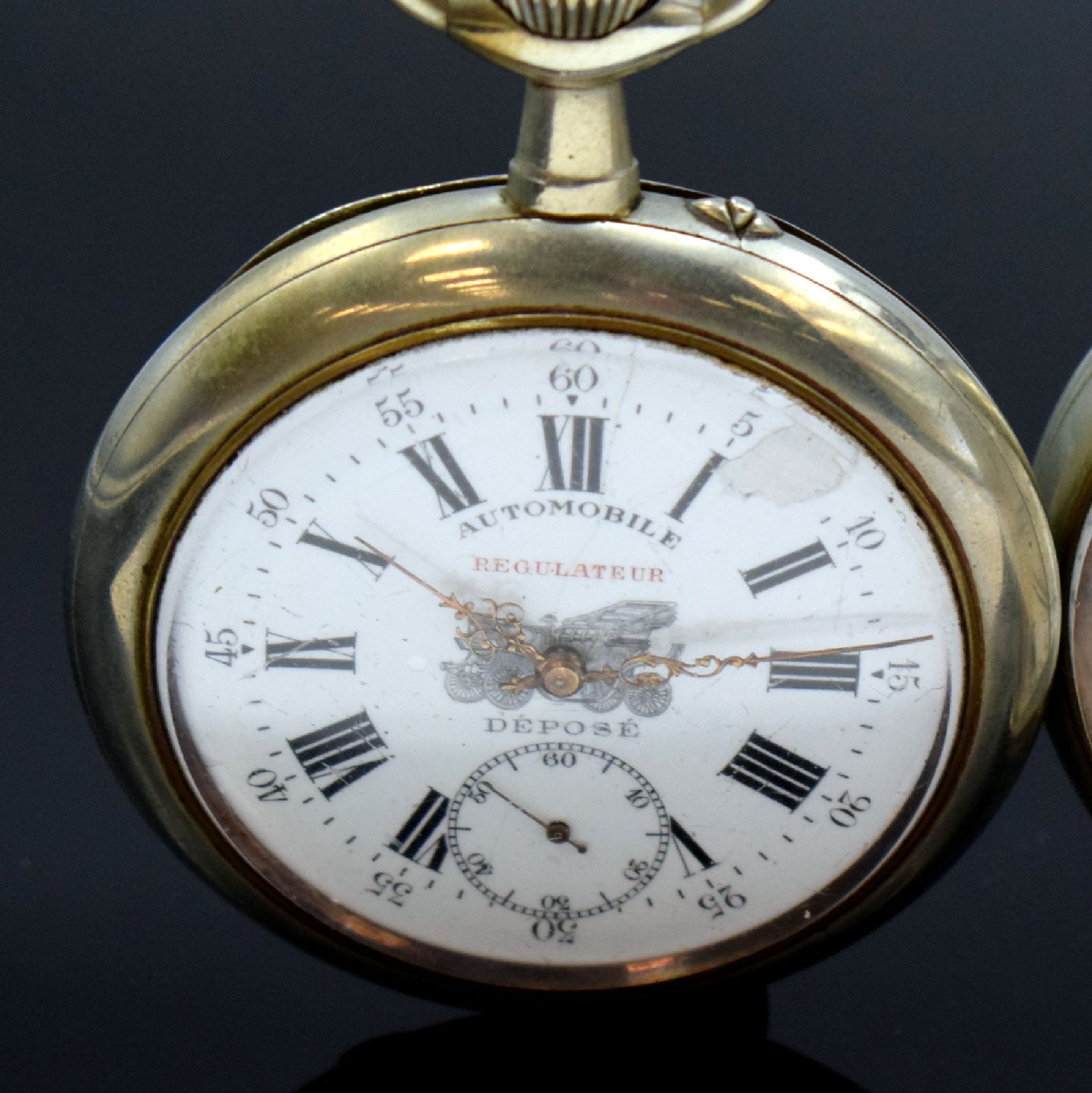 Detail a: SAXONIA und AUTOMOBILE Regulateur 2 Große Taschenuhren in Nickel, Schweiz um 1900, Emailzifferbl. besch. / riss. m. röm. Zahlen, gold. u. gebl. ...