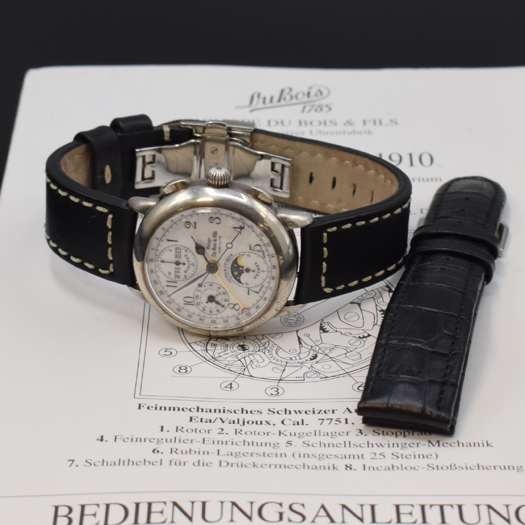 Detail g: DU BOIS & FILS Armbanduhr Le Chronograph 1910 in Sterlingsilber, Automatik, Schweiz um 1986, Jubiläumsausgabe anl. 100 Jahre Bestehens gleichnamiger ...