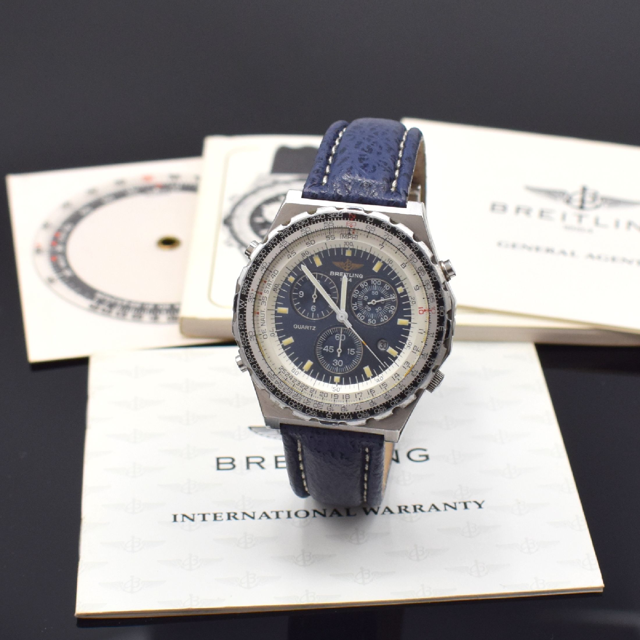 BREITLING Navitimer Jupiter Pilot Flieger- Chronograph in Stahl Referenz A59027, Schweiz lt. orig. Papier verk. 1992, quarz, verschr. Geh., beids. ...