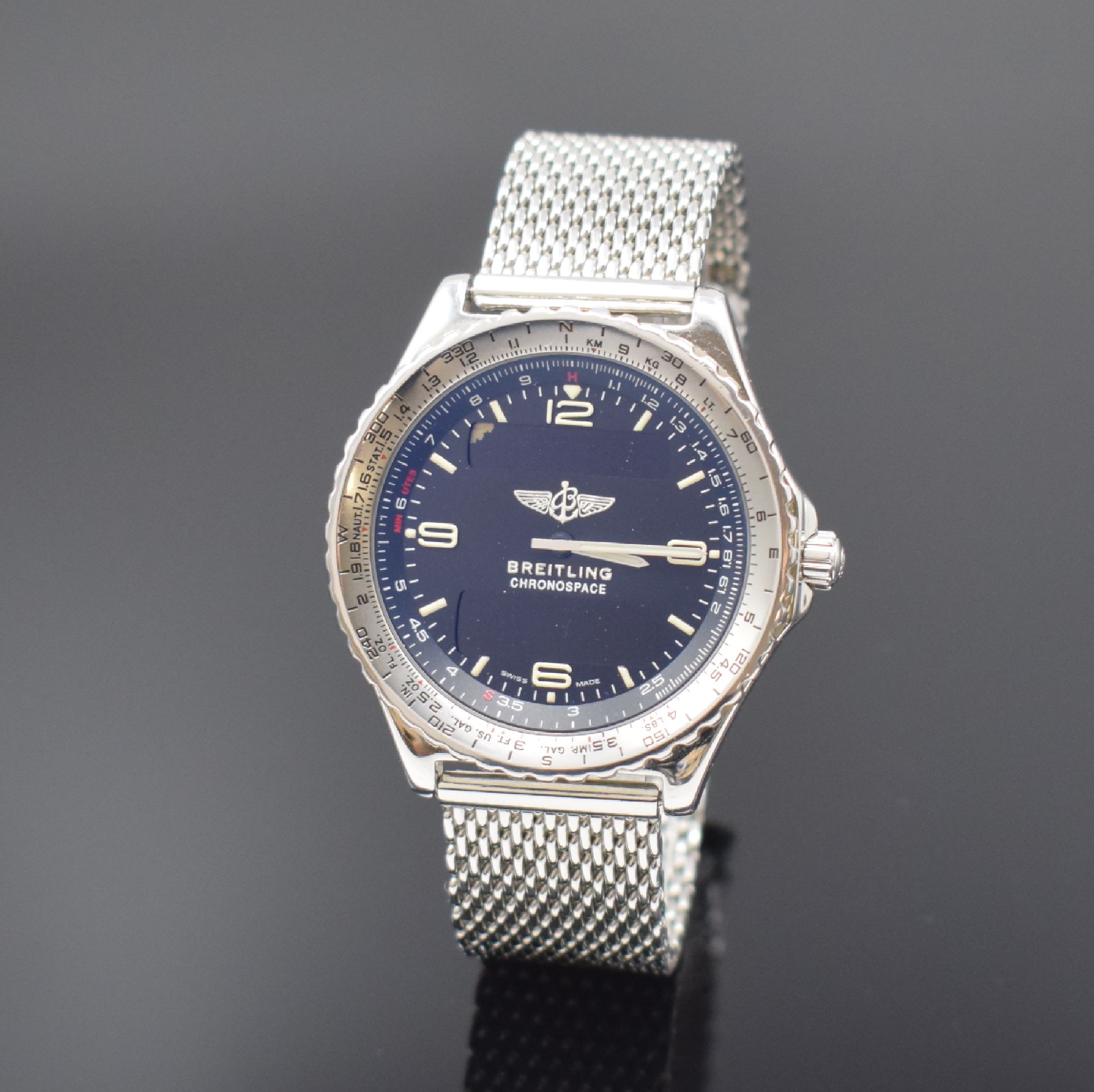BREITLING Chronospace Herrenarmbanduhr in Stahl Referenz A56012.1, Schweiz um 2000, quarz, Boden aufgedr., neutr. Stahlband, beids. drehbare Lunette ...