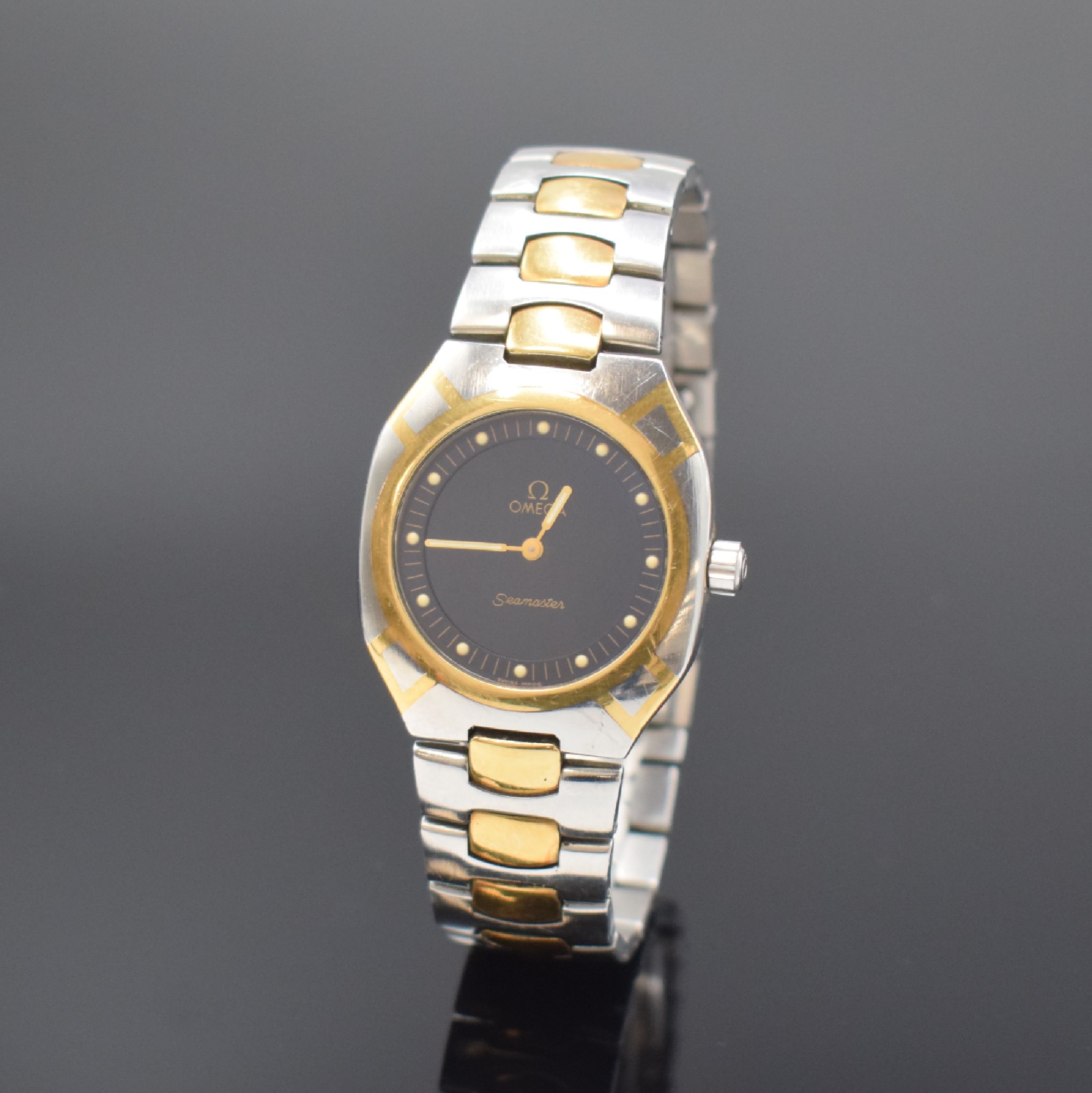 OMEGA Seamaster Polaris Multifunktionsuhr in Stahl/Gold, Schweiz um 1995, 2-tlg. Geh. Ref. 386.0822, Boden 4-fach verschr., integr. orig. Band m. ...