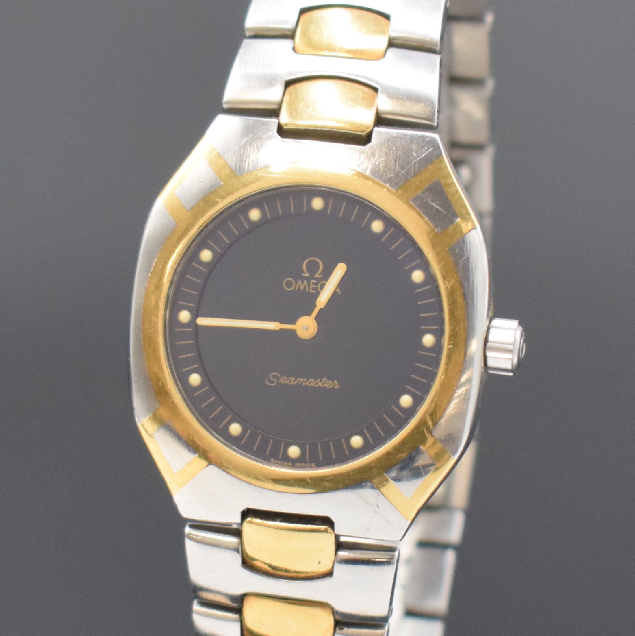 Detail a: OMEGA Seamaster Polaris Multifunktionsuhr in Stahl/Gold, Schweiz um 1995, 2-tlg. Geh. Ref. 386.0822, Boden 4-fach verschr., integr. orig. Band m. ...