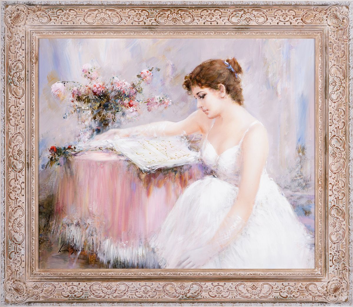 Detail k: Lucia Sarto, geb. 1950 Porpetto, junge Frau beim Lesen eines Notenbuches, Öl/Lwd, links unten signiert, 50x60 cm, Rahmen 66x75 cm