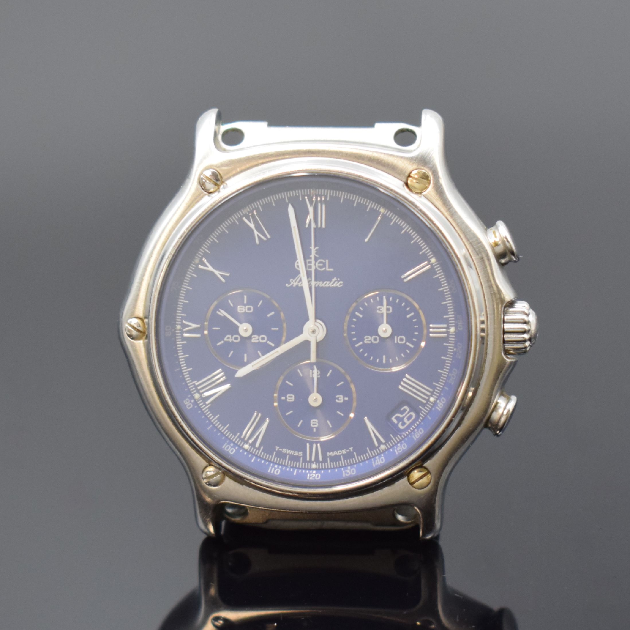 EBEL Herrenarmbanduhr mit Schaltradchronograph Kaliber 400 El Primero Referenz 9134901, Schweiz um 1989, Automatik, Edelstahlgeh. inkl. Lederband (zu ...