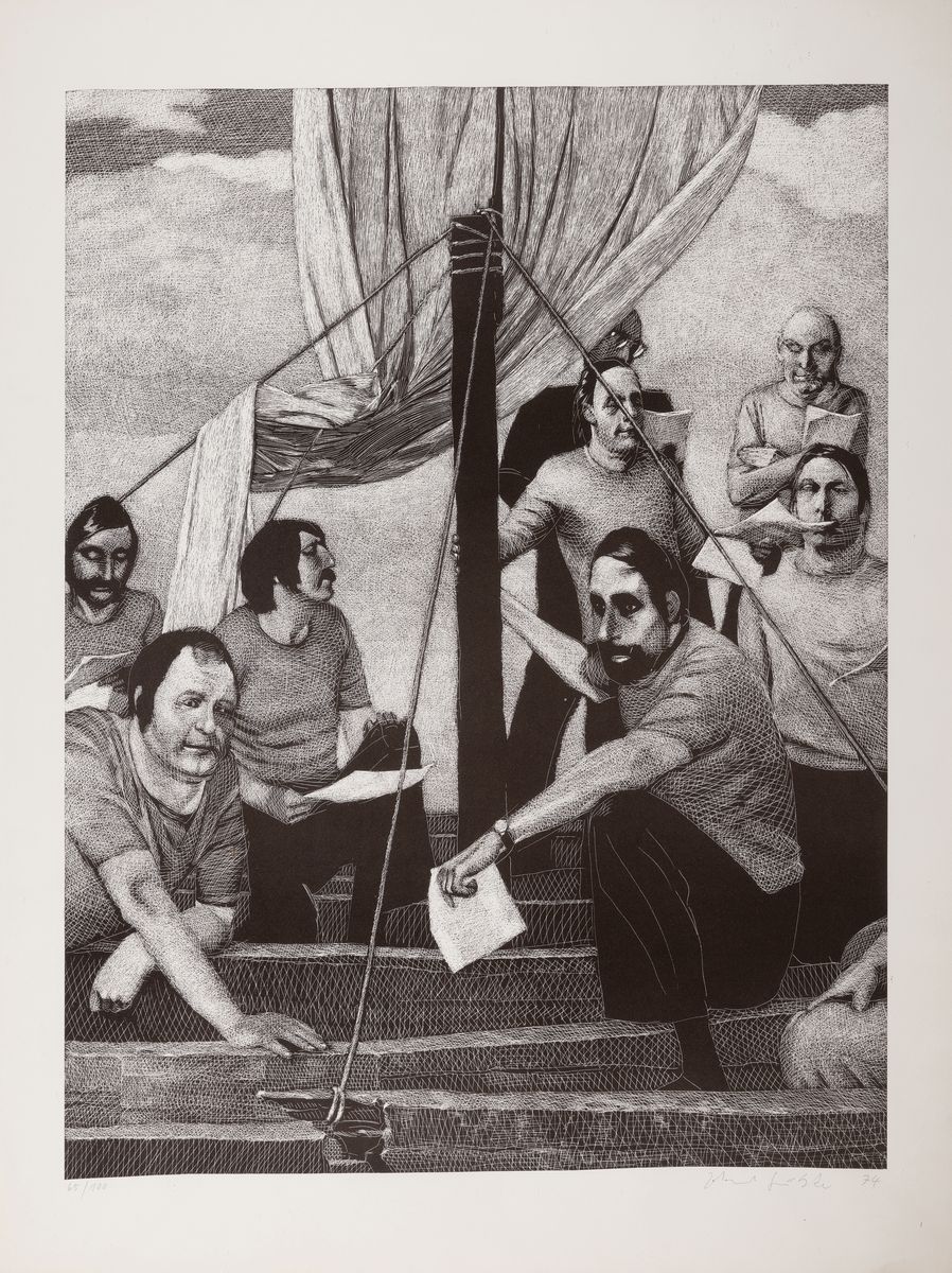 Johannes Grützke, 1973-2017 Berlin, Radierung, Gruppe von Männern auf Segelboot, Ed. 65/100, datiert 1974, Platte 68x51 cm, unter Glas 82x61 cm