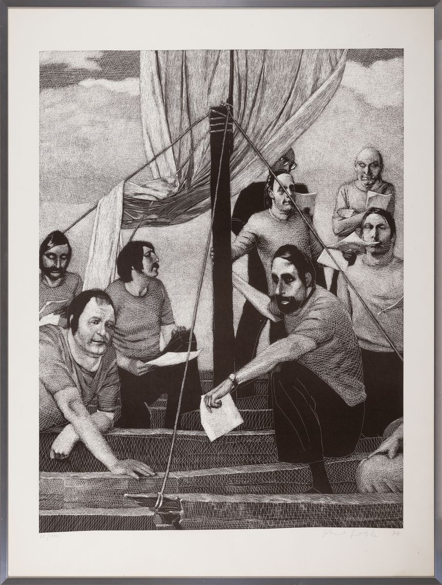 Detail k: Johannes Grützke, 1973-2017 Berlin, Radierung, Gruppe von Männern auf Segelboot, Ed. 65/100, datiert 1974, Platte 68x51 cm, unter Glas 82x61 cm