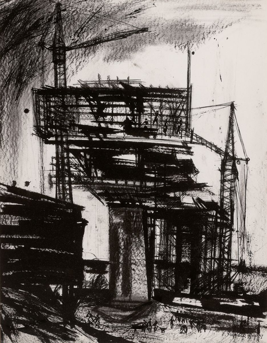 Elisabeth Bieneck-Roos, 1925 Münsingen - 2017 Mannheim, Radierung, Industriehafen Mannheim, datiert 1969, im Druck signiert, unter Glas 90 x 74 cm, ...