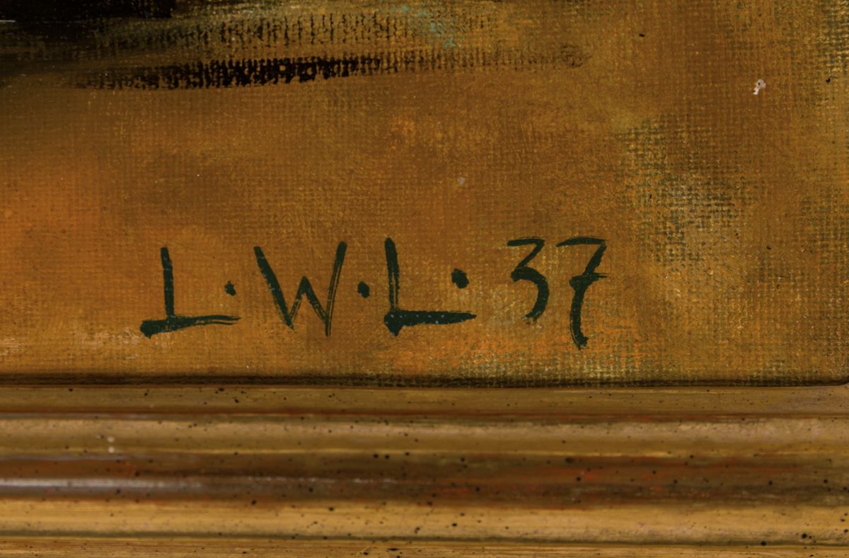 Detail a: Monogrammist LWL, datiert 1937, Blumenstillleben mit Chrysanthemen, Öl/Lwd, signiert und datiert, Rahmen 105x83 cm