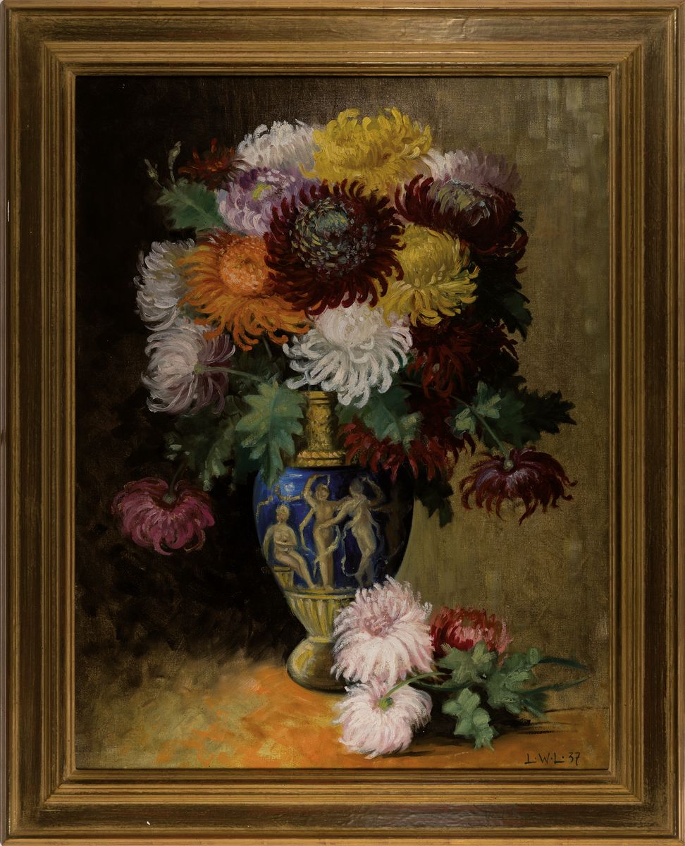 Detail k: Monogrammist LWL, datiert 1937, Blumenstillleben mit Chrysanthemen, Öl/Lwd, signiert und datiert, Rahmen 105x83 cm