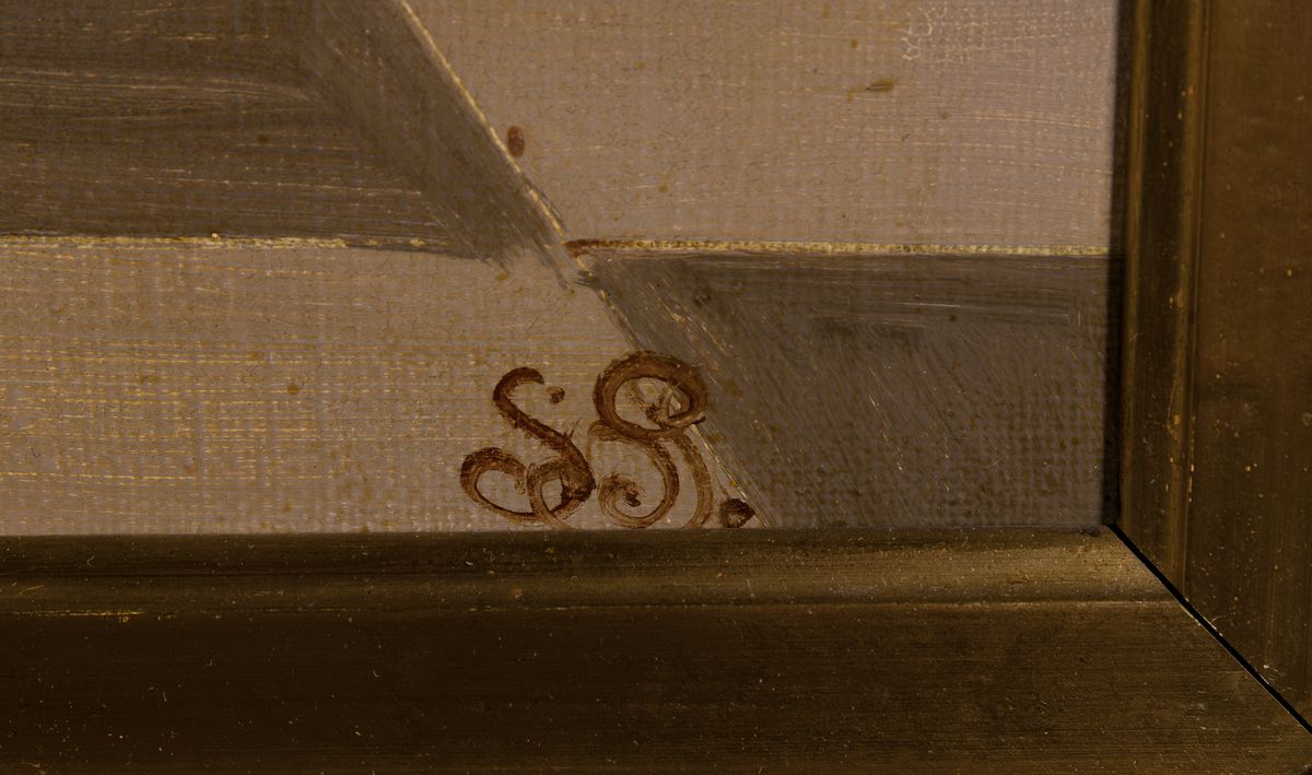 Detail a: Monogrammist SR, Kopie nach Pieter de Hooch (1629-1684), 20.Jh., Kopie des Interieurs mit trinkender Frau (1658) von Pieter de Hooch, rechts unten ...