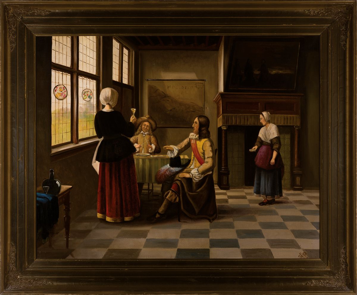 Detail k: Monogrammist SR, Kopie nach Pieter de Hooch (1629-1684), 20.Jh., Kopie des Interieurs mit trinkender Frau (1658) von Pieter de Hooch, rechts unten ...