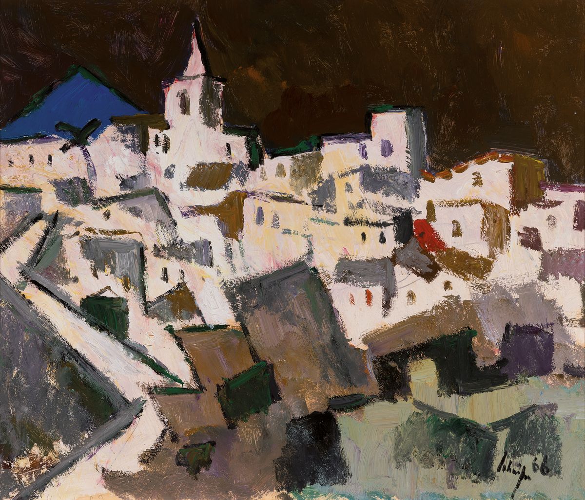 Fritz Schnitzer, 1914-1976, Blick über eine südliche Stadt mit weiß gekalkten Häusern, signiert und datiert 1966, Öl/Platte, Rahmen, 58x66 cm