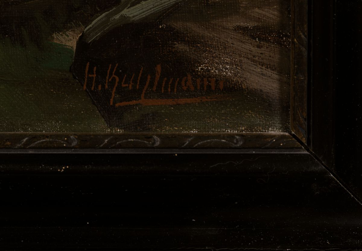 Detail a: Herbert Kuhlmann, geb. 1936 Hamburg, wohl norwegische Küstenansicht mit Fischern , Öl/Lwd, signiert, verschmutzt bzw. Altersspuren, ca. 45 x 68 cm, ...