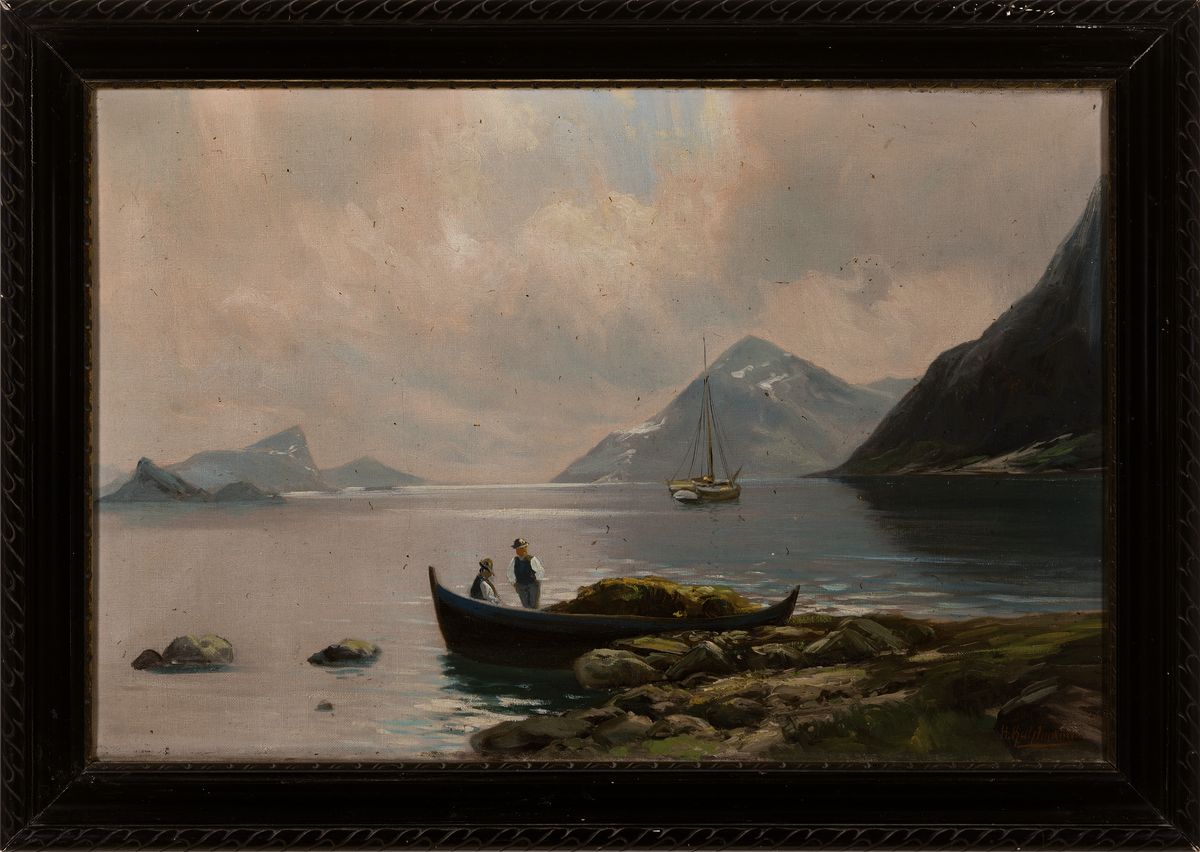 Detail k: Herbert Kuhlmann, geb. 1936 Hamburg, wohl norwegische Küstenansicht mit Fischern , Öl/Lwd, signiert, verschmutzt bzw. Altersspuren, ca. 45 x 68 cm, ...