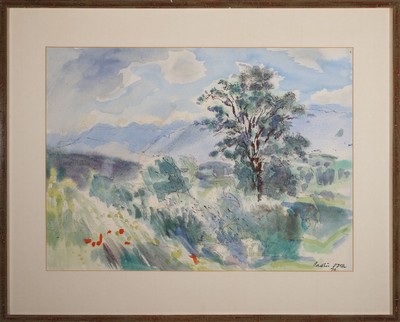 26637681c - Carolus Vocke, 1899 Heilbronn - 1979 Mannheim, watercolor and 11 sketches, mostly signed, a. watercolour, summer landscape, signed and dated 76, approx. 40 x 55 cm, under glass, frame, sketches inter alia partly caricaturing representation, gentleman in conversation, older lady with flower hat, monk, mostly black felt-tip pen, once with colored, approx. 20 x 29 cm to 27 x 39 cm, Zille exhibition Sept. 76, sketches partly signed, partly from the artist's estate