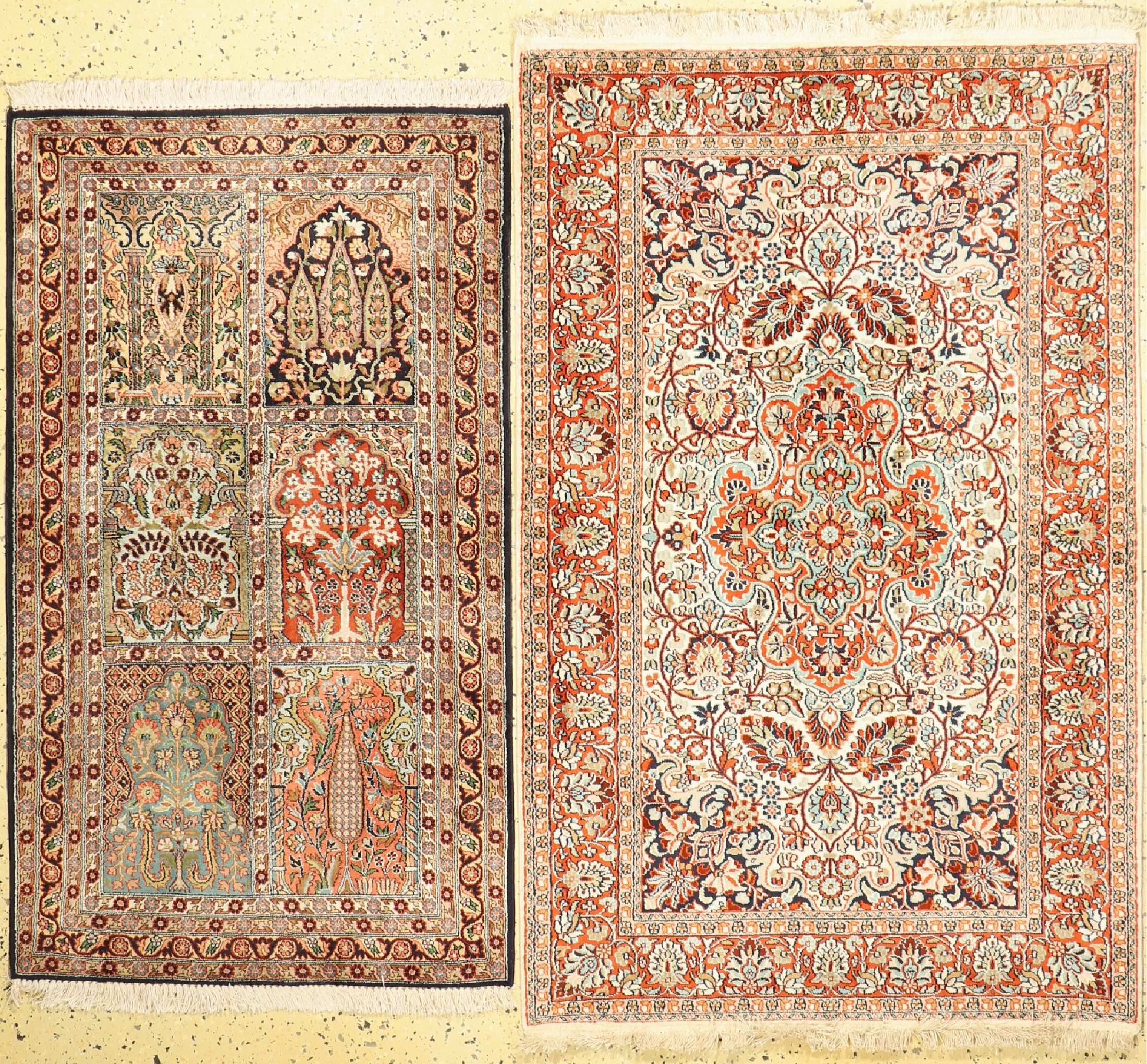 Konvolut 2 Kaschmir Seide, Indien, ca. 40 Jahre, merzerisierte Baumwolle, ca. 155 x 98 cm, EHZ: 1-2