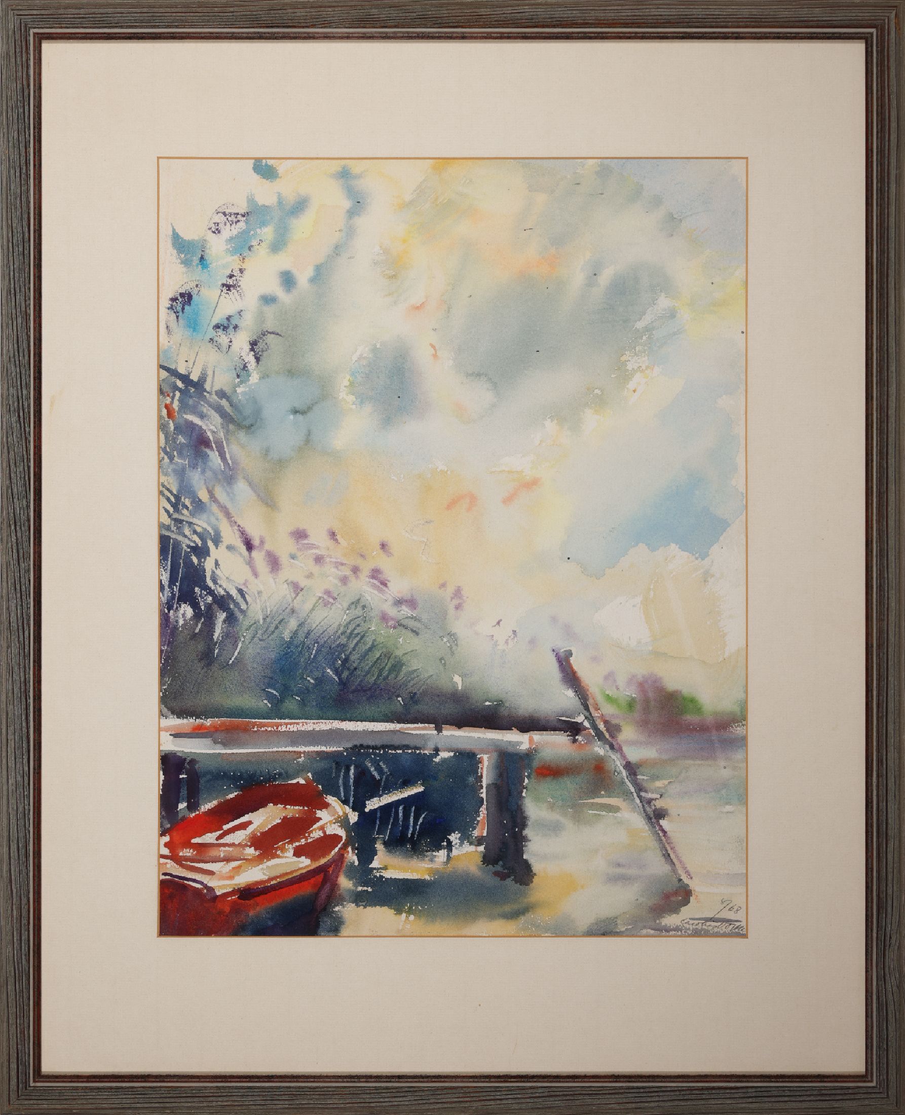Detail c: Carolus Vocke, 1899 Heilbronn - 1979 Mannheim, Aquarell und 7 Skizzen, meist signiert, a. Aquarell, Altrhein mit Boot, signiert und dat. 8/68, ca. 46 ...