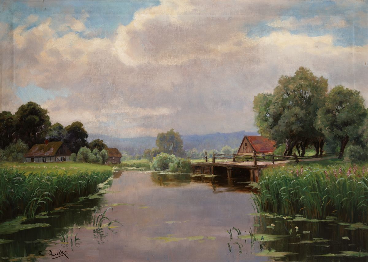 Ernst Lucke, 1885 - 1950,, sommerliche Flußlandschaft mit, Angler auf dem Steg, Öl/Lwd, signiert, rückseitig auf Rahmen handschriftlich bezeichnet ...