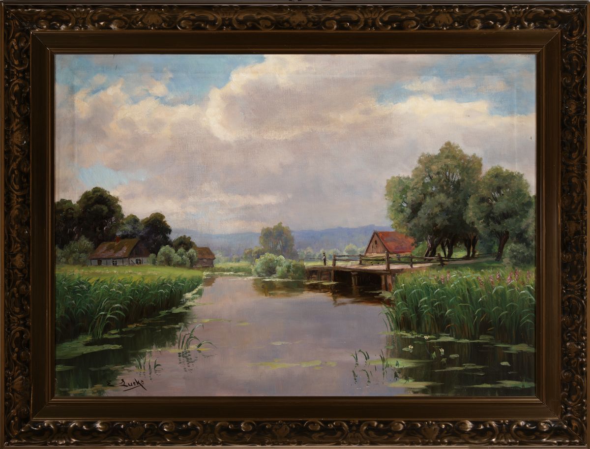 Detail k: Ernst Lucke, 1885 - 1950,, sommerliche Flußlandschaft mit, Angler auf dem Steg, Öl/Lwd, signiert, rückseitig auf Rahmen handschriftlich bezeichnet ...