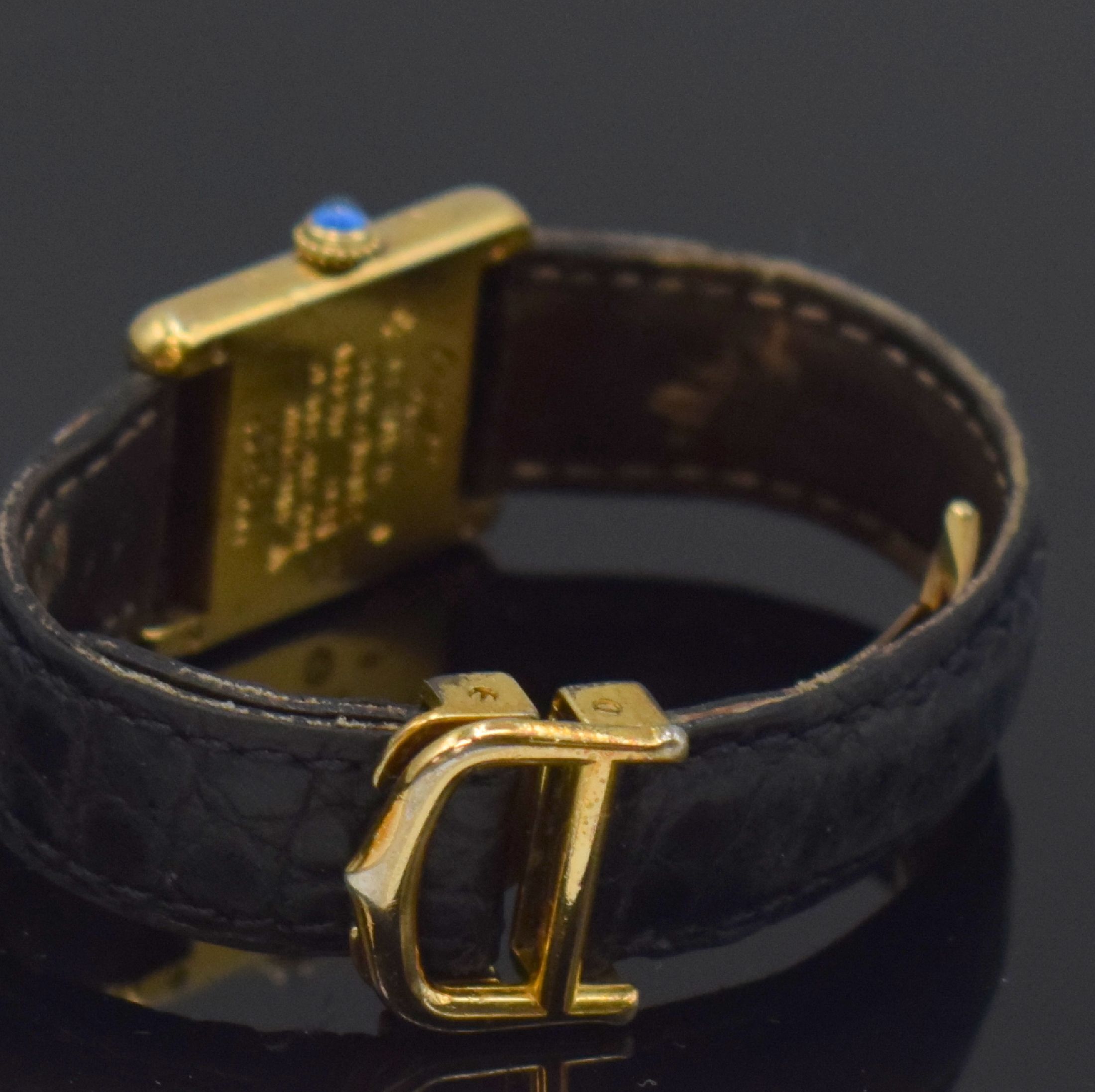 Detail c: CARTIER Tank Damenarmbanduhr in Vermeil, Schweiz um 1990, quartz, 4-fach verschr. Geh. pat., orig. Lederband m. verg. orig. Faltschl., Mineralglas ...