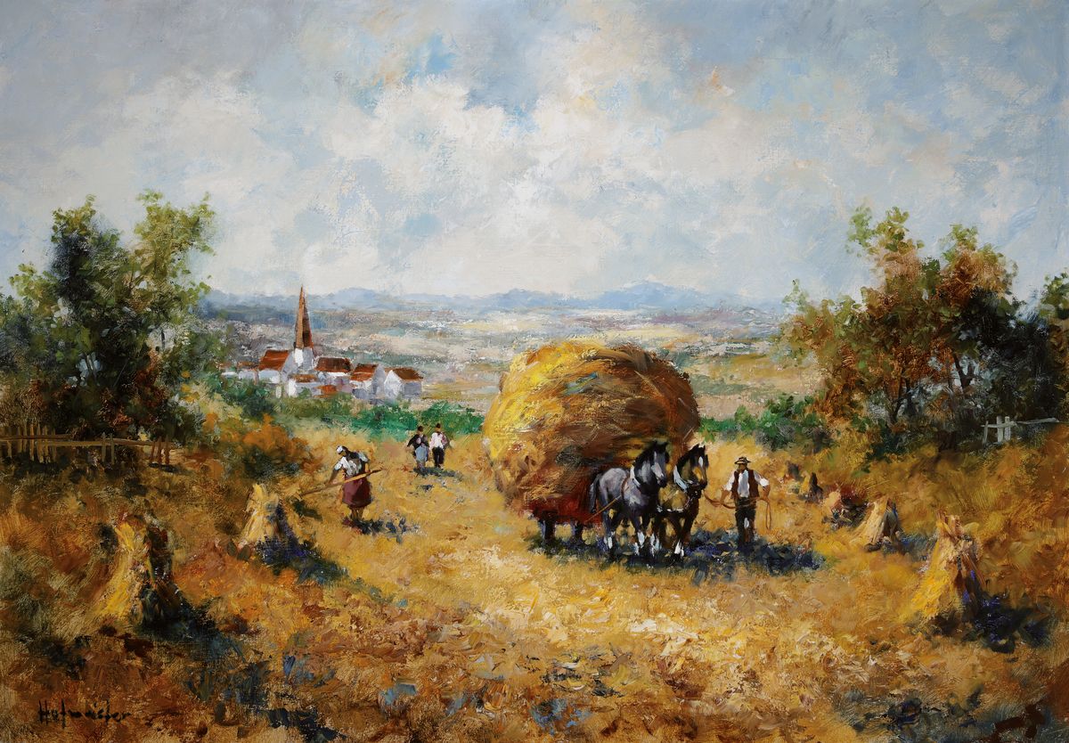 Hofmeister, ungedeuteter wohl süddeutscher Künstler, Mitte 20. Jh., sommerliche Voralpenlandschaft, Öl/Lwd, signiert, 70 x 100 cm, Prunkrahmen ca. ...