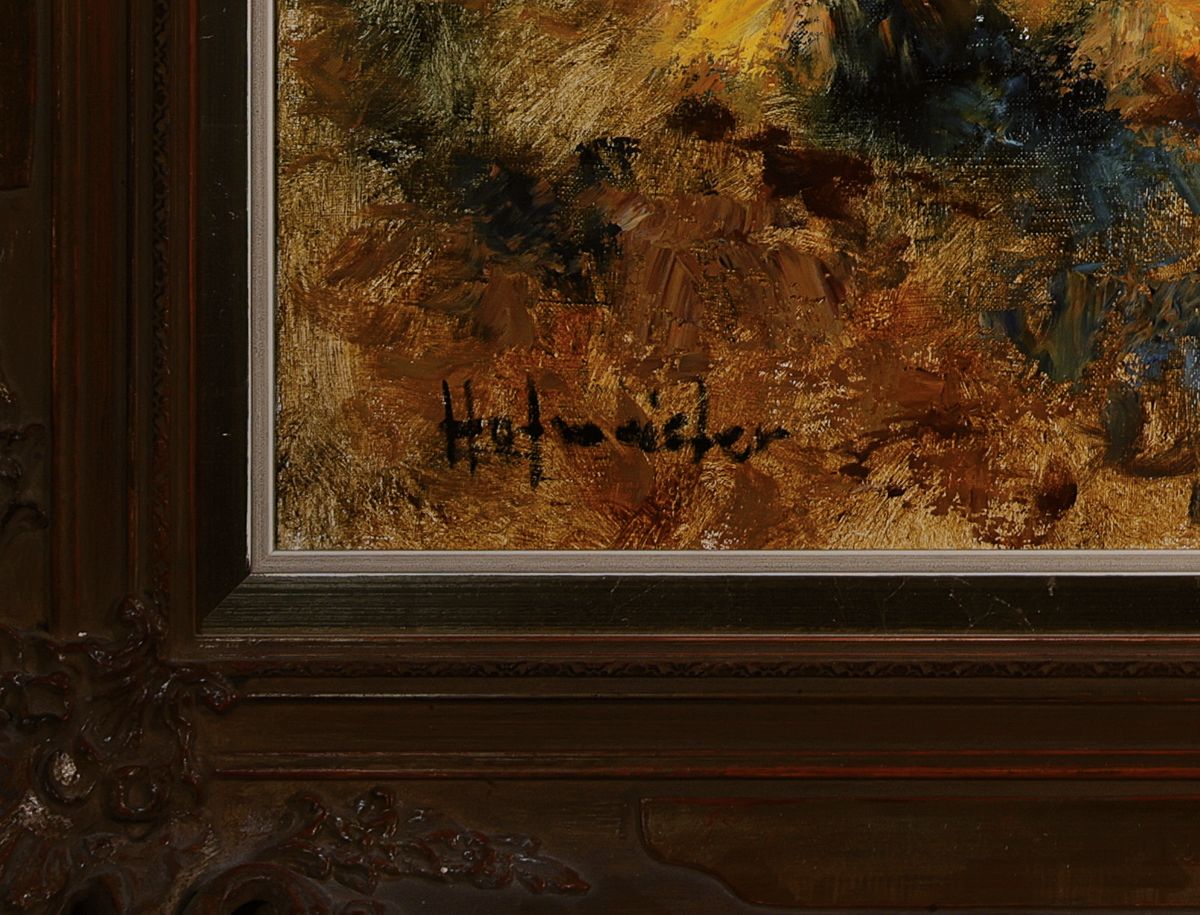Detail a: Hofmeister, ungedeuteter wohl süddeutscher Künstler, Mitte 20. Jh., sommerliche Voralpenlandschaft, Öl/Lwd, signiert, 70 x 100 cm, Prunkrahmen ca. ...