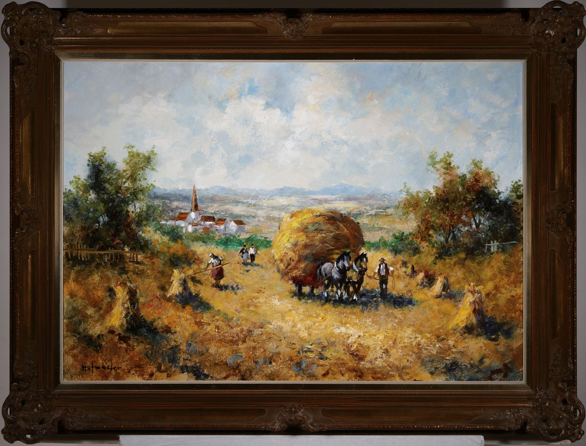 Detail k: Hofmeister, ungedeuteter wohl süddeutscher Künstler, Mitte 20. Jh., sommerliche Voralpenlandschaft, Öl/Lwd, signiert, 70 x 100 cm, Prunkrahmen ca. ...