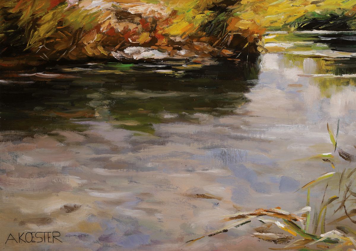 Alexander Koester, 1864 Bergneustadt - 1932 München, Schilfteich, nach 1908, Dießen oderBodensee, Öl/Lwd/Holz, links unten signiert, ca. 42x59cm, ...