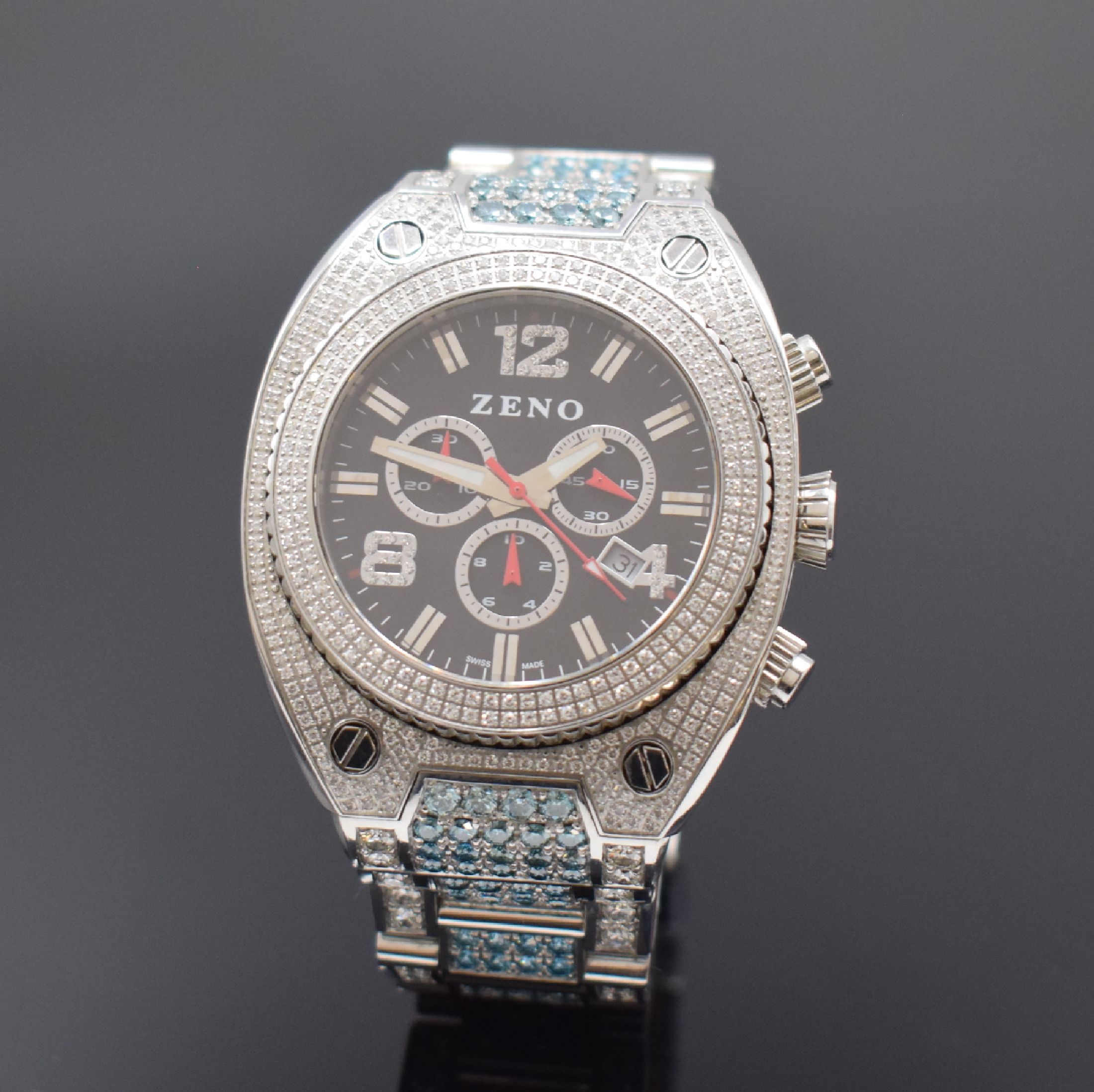 ZENO Armbandchronograph in Edelstahl mit aufwendigem Diamantenbesatz zusammen ca. 12 ct Referenz 91026, Schweiz um 2010, quarz, massives Gehäuse ab ...