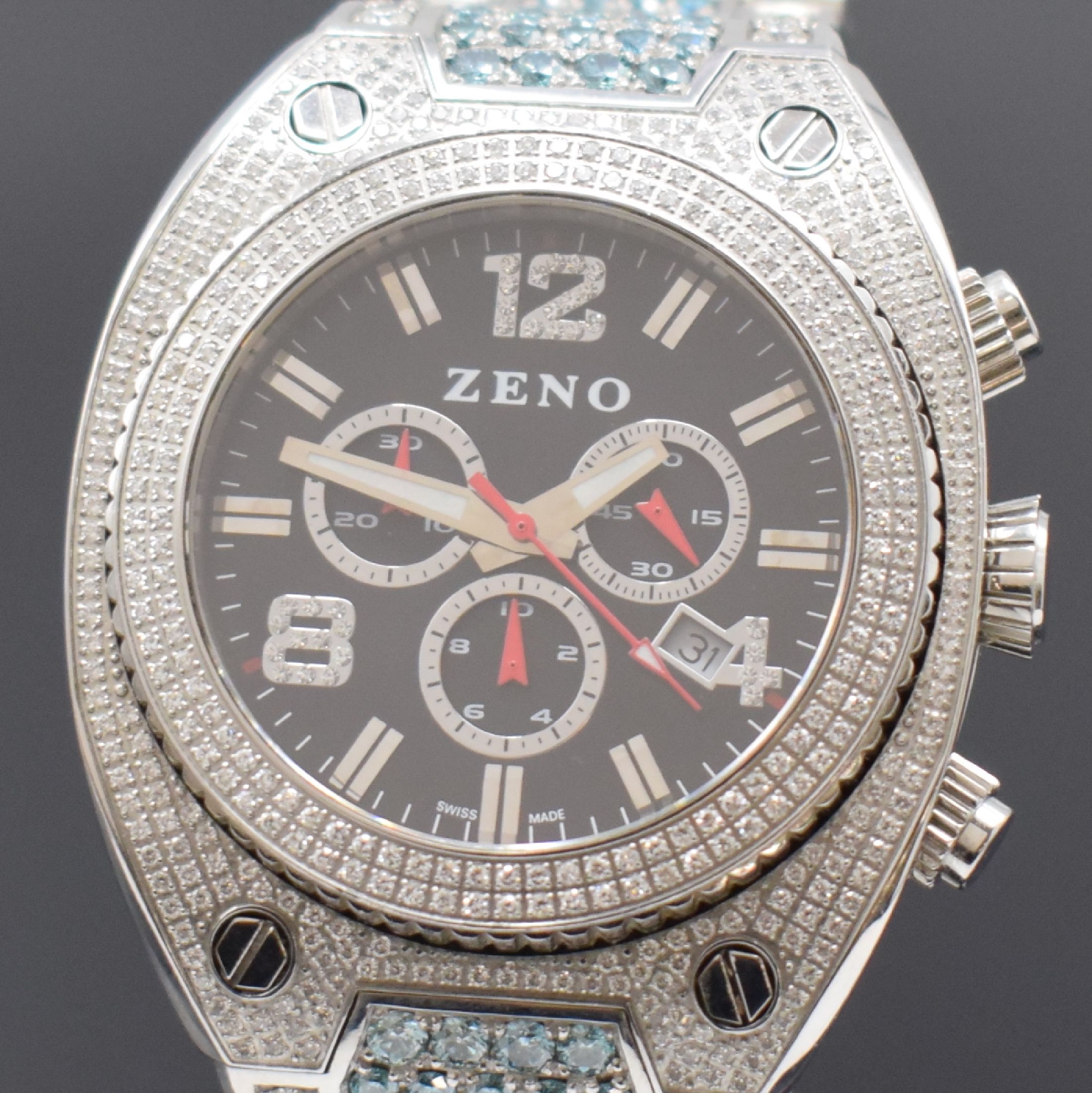 Detail a: ZENO Armbandchronograph in Edelstahl mit aufwendigem Diamantenbesatz zusammen ca. 12 ct Referenz 91026, Schweiz um 2010, quarz, massives Gehäuse ab ...