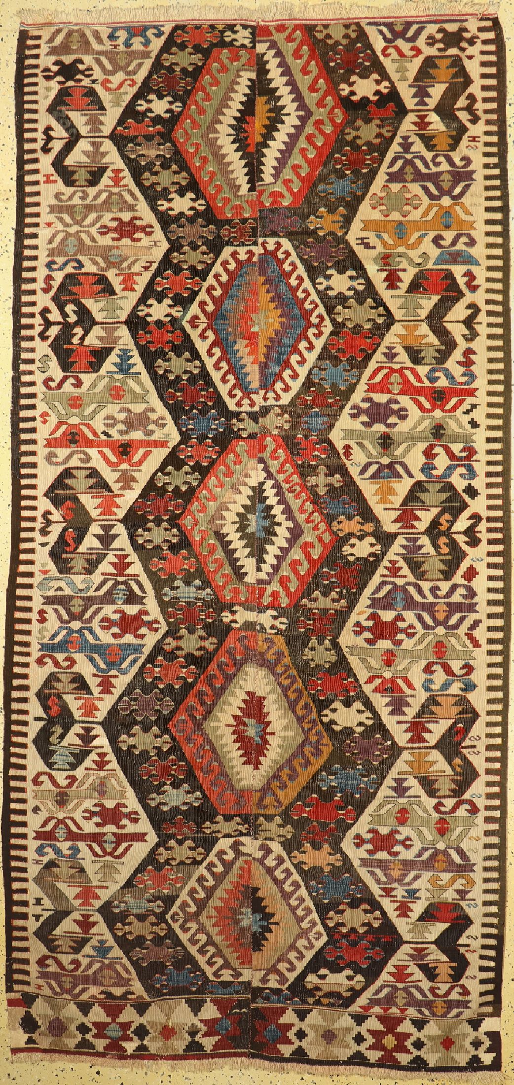 Aydin Kelim antik(2 Bahnig), Türkei, 19.Jhd, Wolle auf Wolle, ca. 304 x 143 cm, EHZ: 2-3