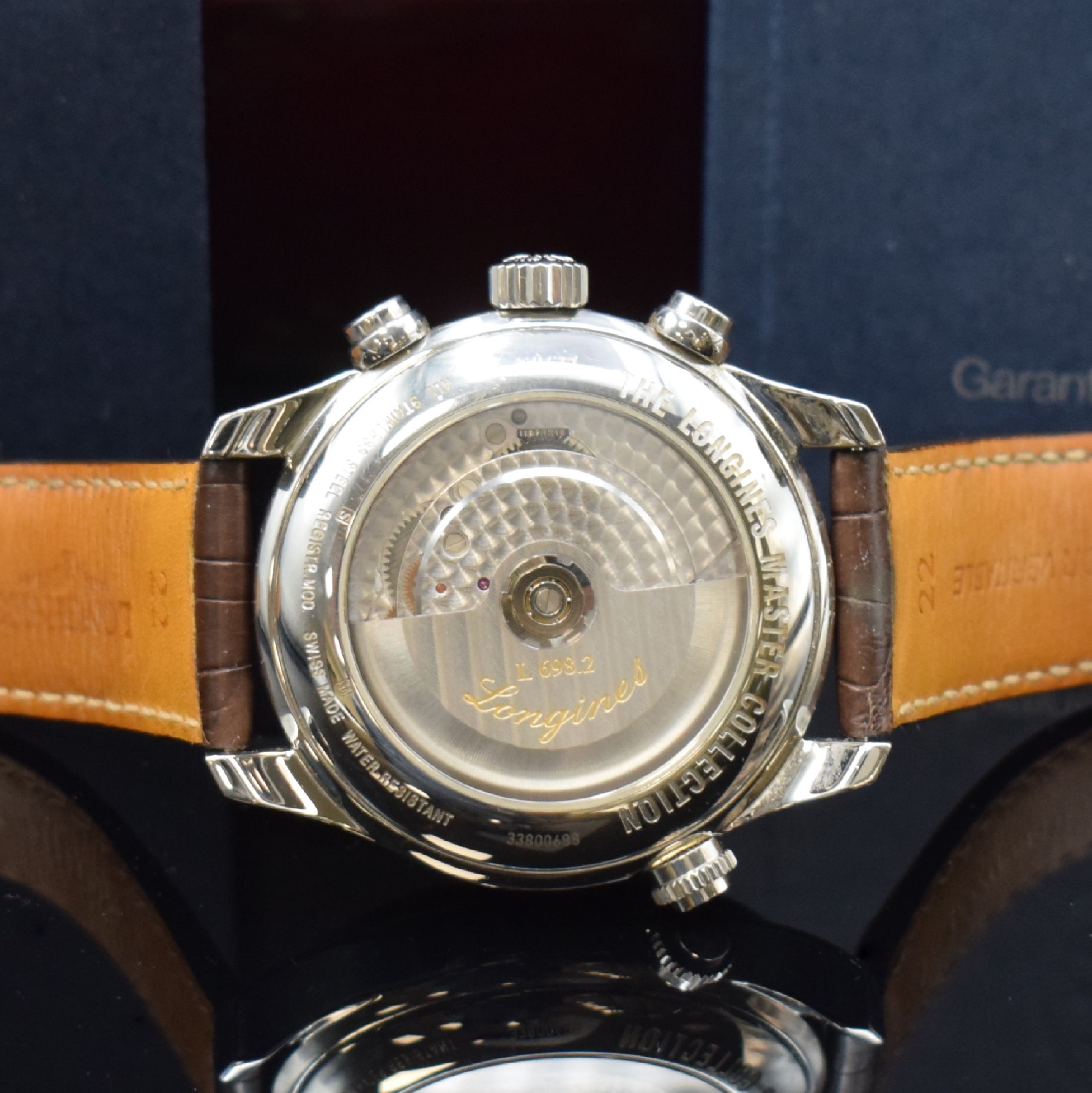 Detail e: LONGINES Herrenarmbanduhr aus der Master Collection Referenz L2.717.4, Automatik, Edelstahlgeh. inkl. orig. Lederband m. dopp. Faltschl., beids. ...