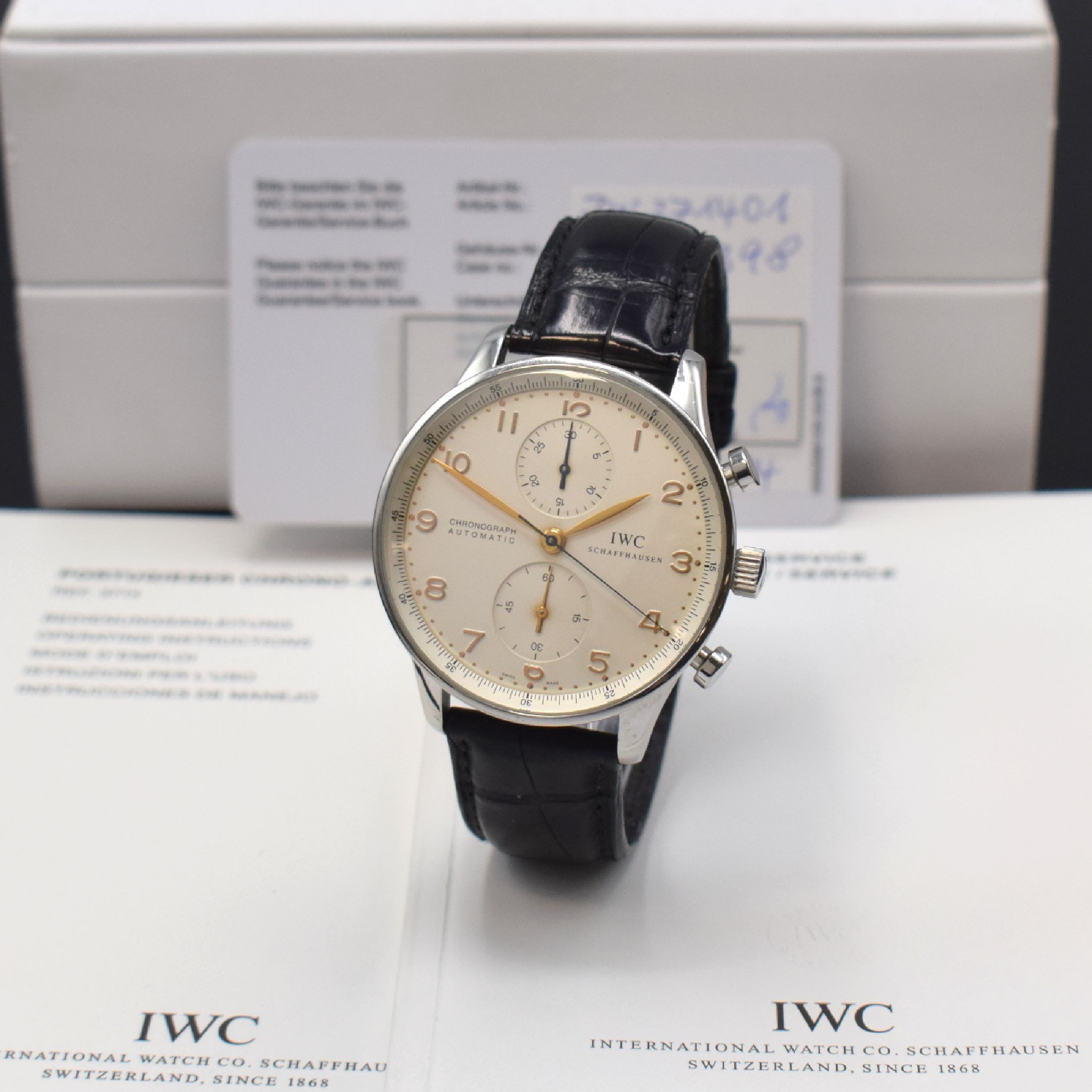 IWC Armbandchronograph Modell Portugieser Referenz 3714, Automatik, Edelstahlgeh. inkl. orig. Lederband m. orig. Dornschl., Boden 4-fach verschr., ...