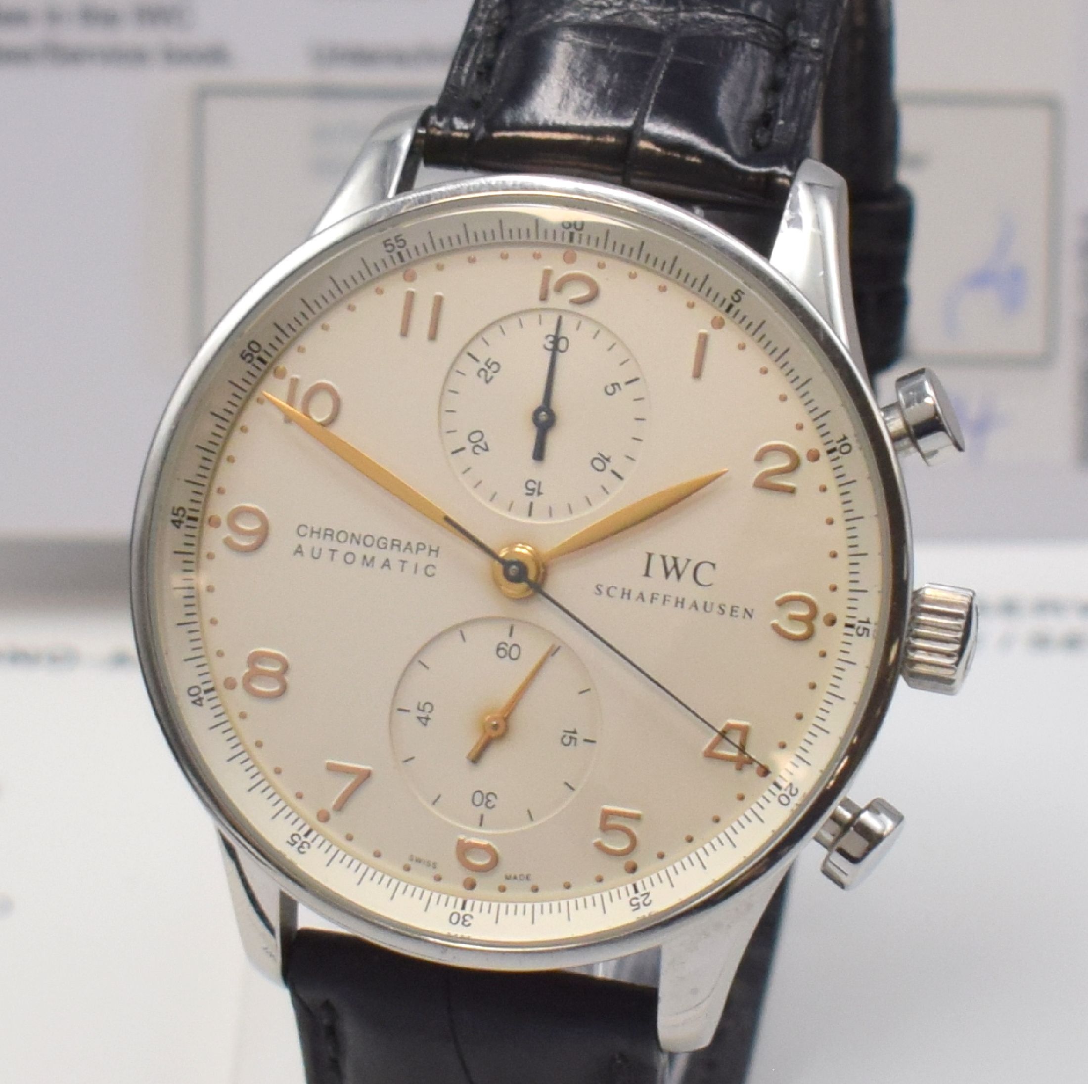 Detail a: IWC Armbandchronograph Modell Portugieser Referenz 3714, Automatik, Edelstahlgeh. inkl. orig. Lederband m. orig. Dornschl., Boden 4-fach verschr., ...