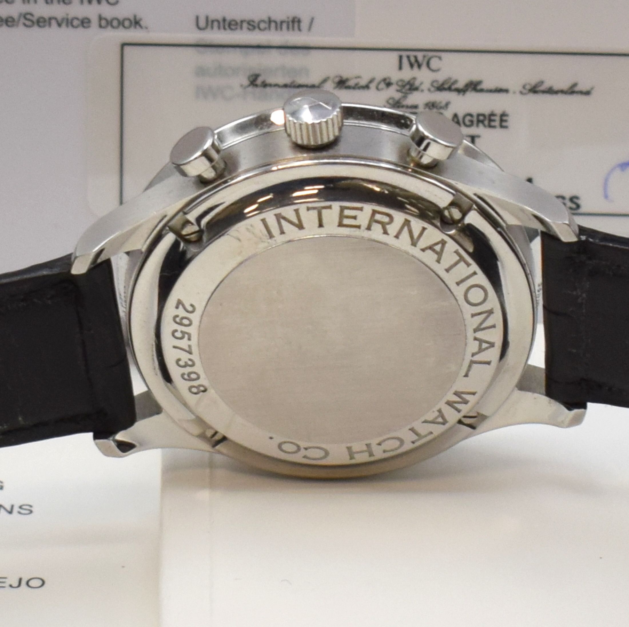 Detail d: IWC Armbandchronograph Modell Portugieser Referenz 3714, Automatik, Edelstahlgeh. inkl. orig. Lederband m. orig. Dornschl., Boden 4-fach verschr., ...