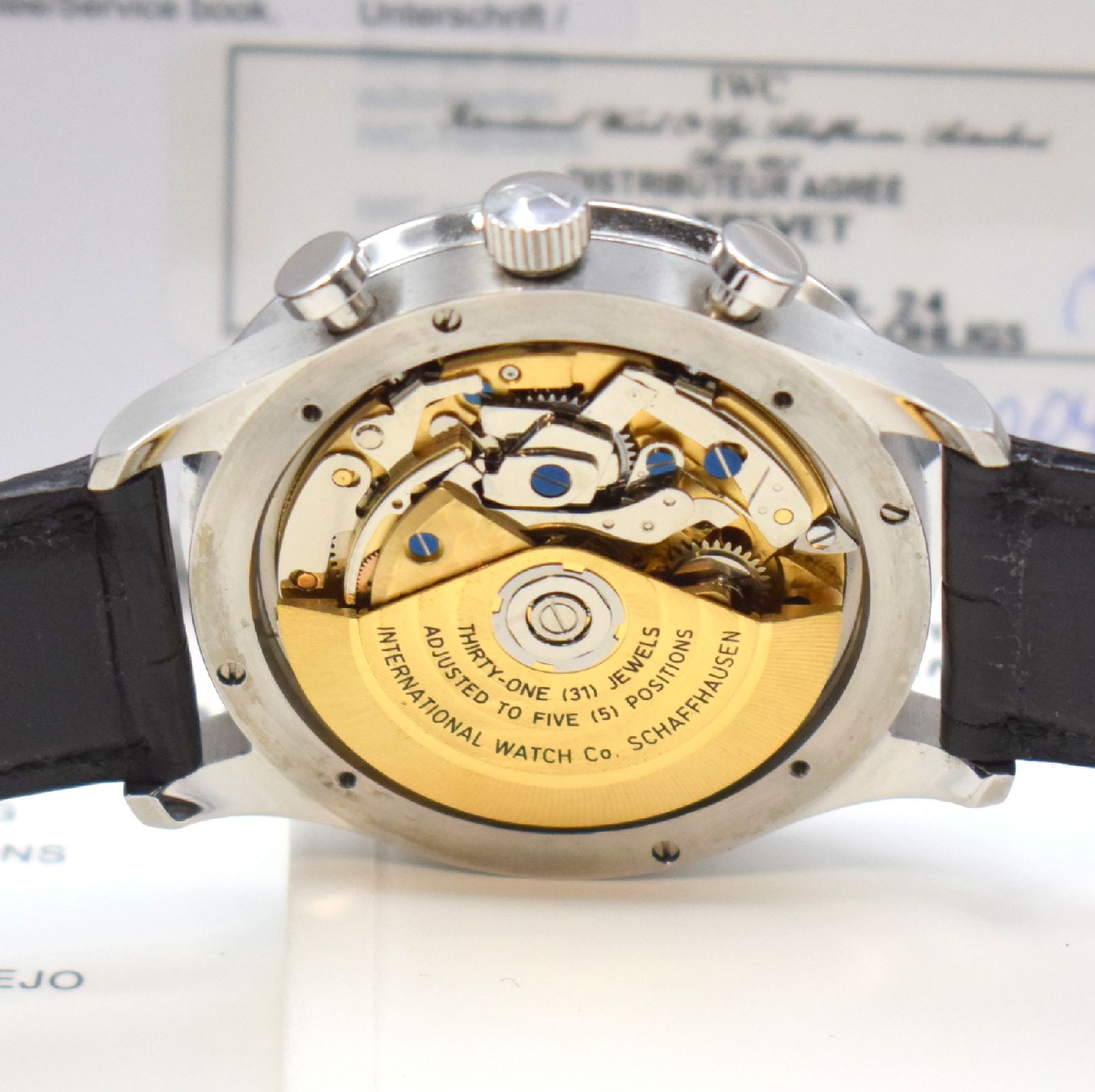 Detail e: IWC Armbandchronograph Modell Portugieser Referenz 3714, Automatik, Edelstahlgeh. inkl. orig. Lederband m. orig. Dornschl., Boden 4-fach verschr., ...