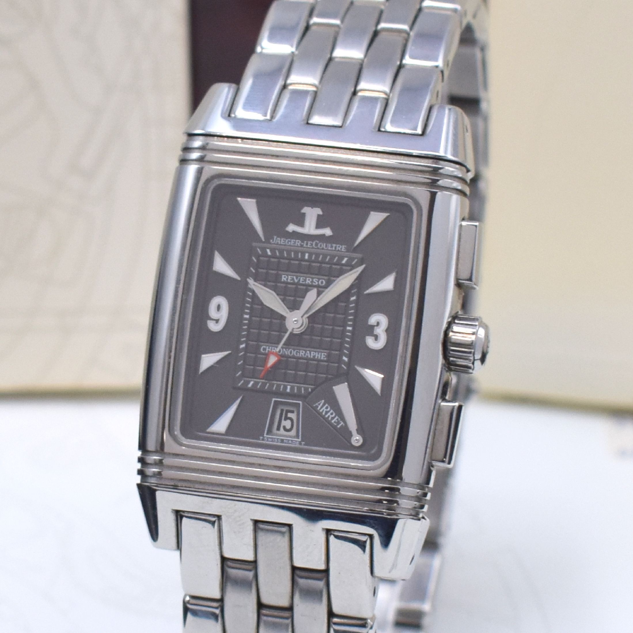 Detail a: Jaeger-LeCoultre Herrenarmbanduhr Modell Reverso Gran Sport Chronograph Referenz 295.8.59, Handaufzug, um 180 Grad drehb. Wendegehäuse in Edelstahl ...