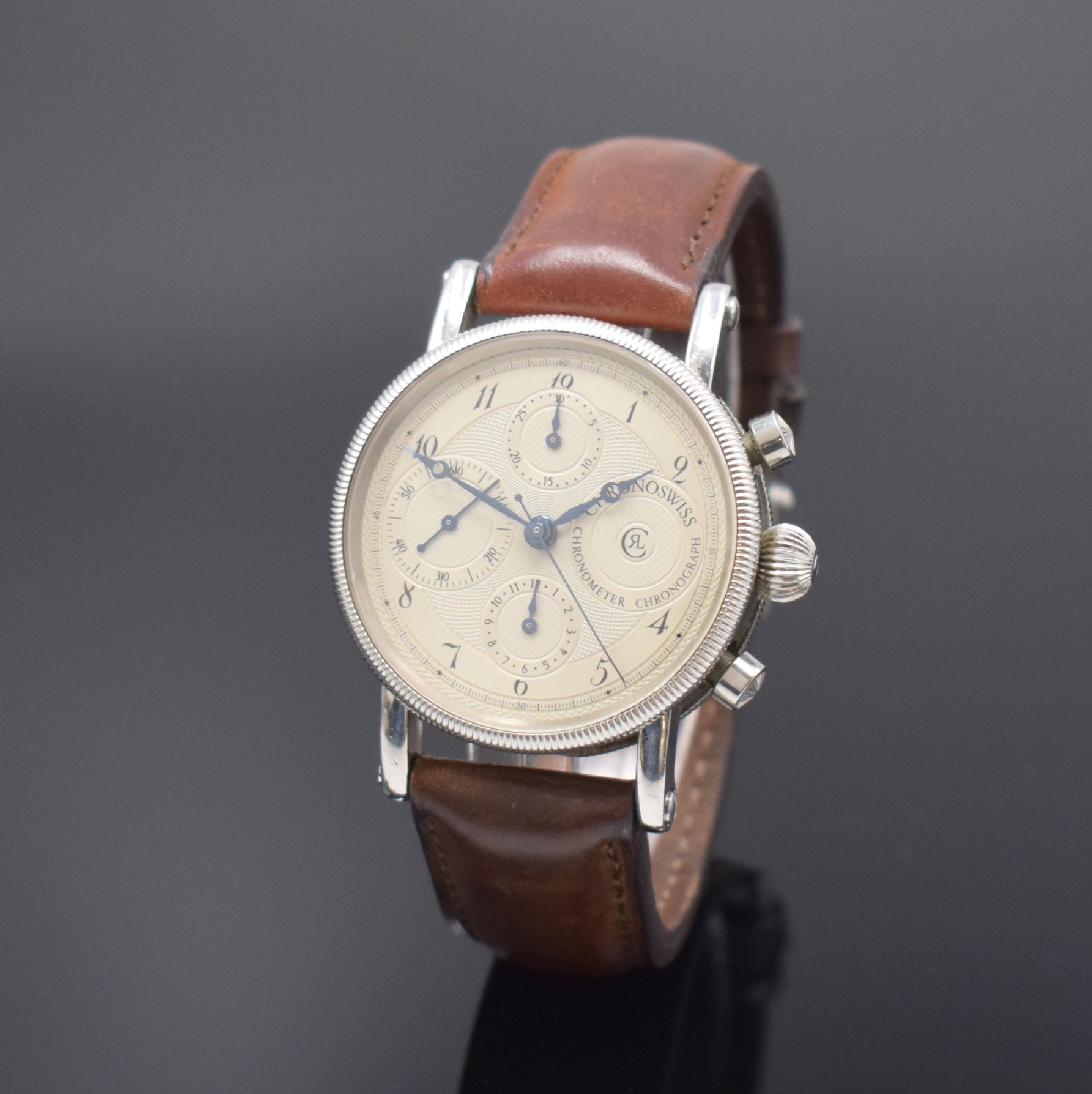 CHRONOSWISS Armbandchronometer mit Chronograph Referenz CH 7523, Automatik, Schweiz um 1994, Edelstahlgeh. inkl. Lederband m. orig. Dornschl., beids. ...