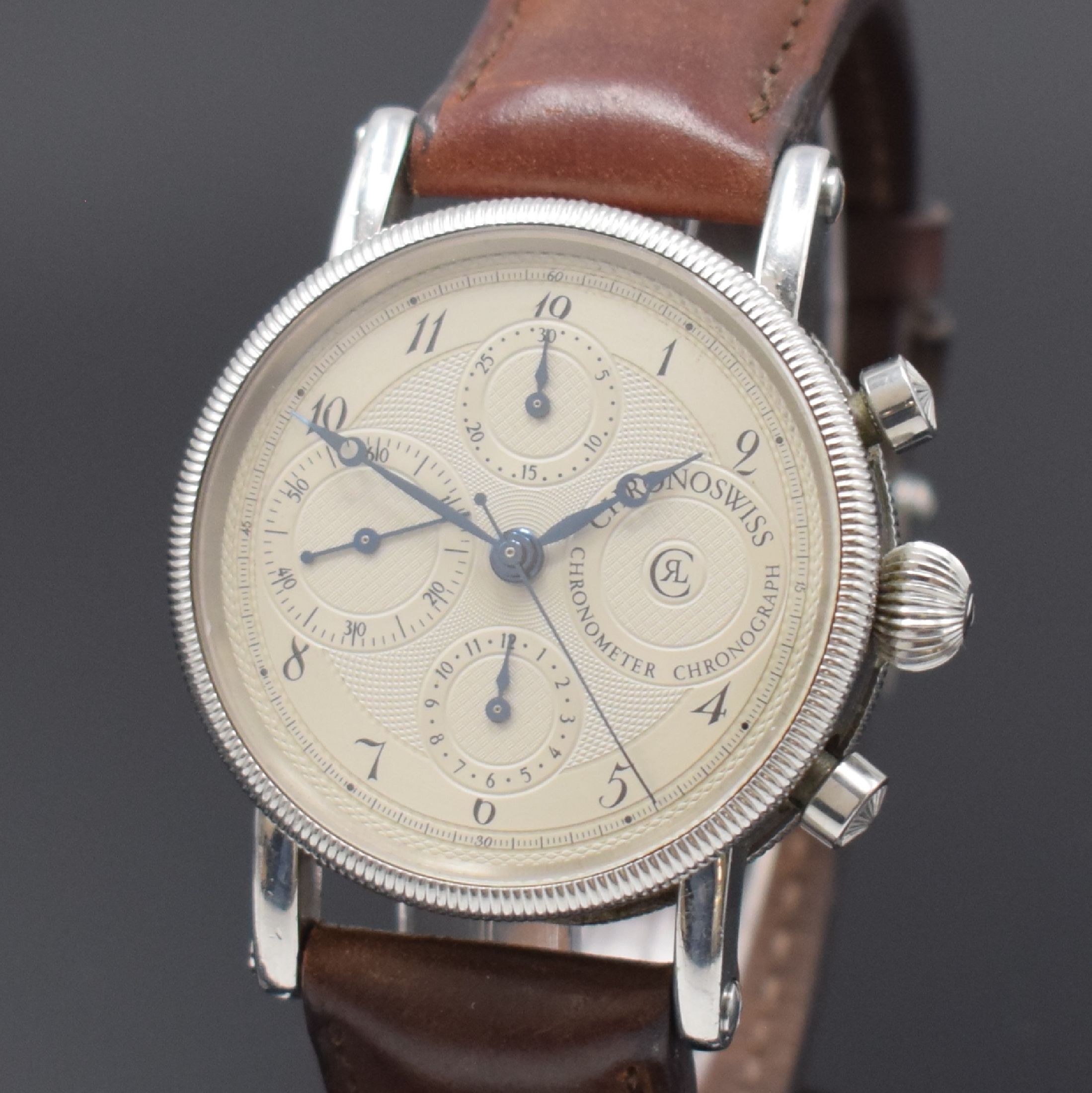 Detail a: CHRONOSWISS Armbandchronometer mit Chronograph Referenz CH 7523, Automatik, Schweiz um 1994, Edelstahlgeh. inkl. Lederband m. orig. Dornschl., beids. ...