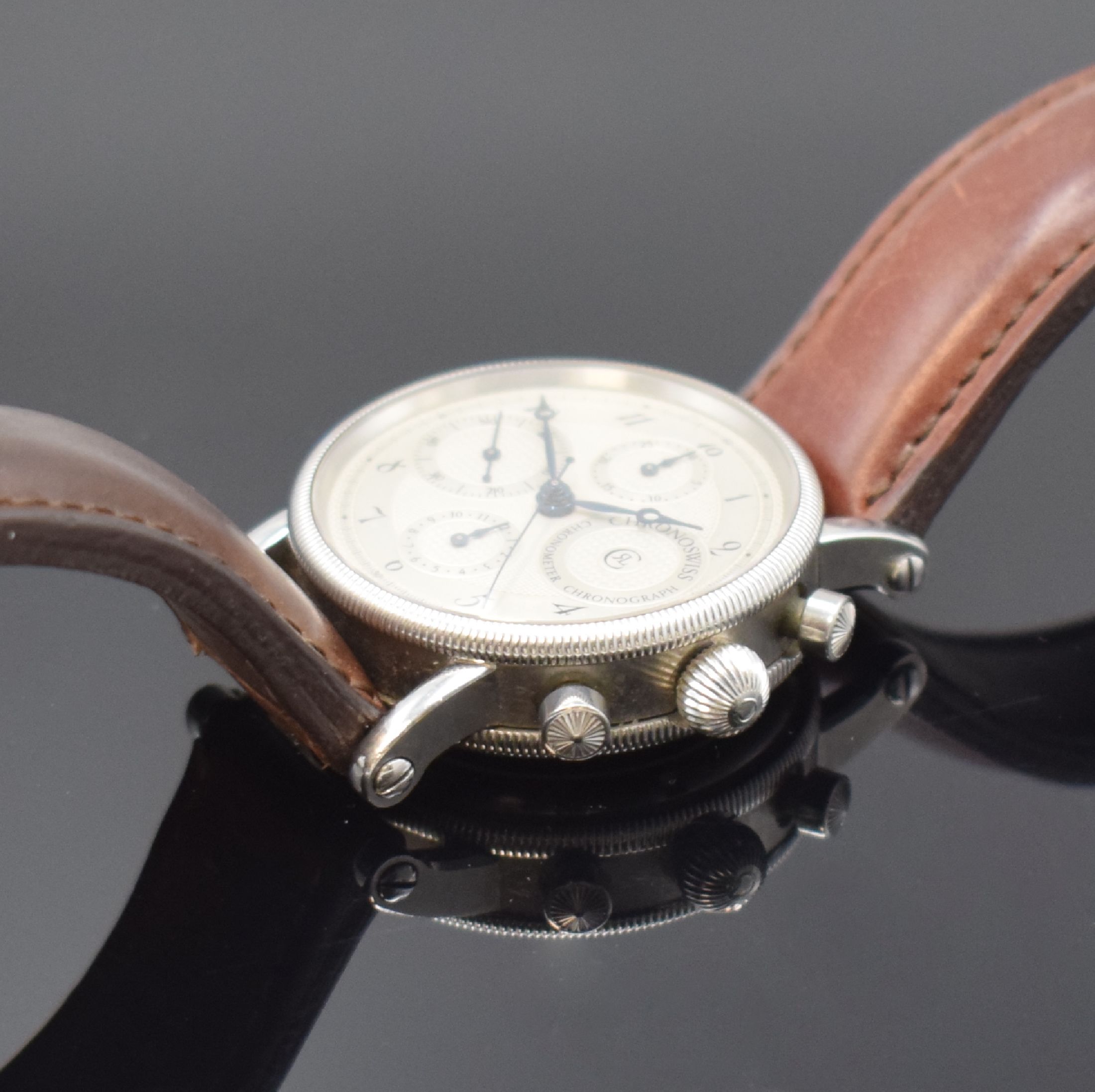 Detail c: CHRONOSWISS Armbandchronometer mit Chronograph Referenz CH 7523, Automatik, Schweiz um 1994, Edelstahlgeh. inkl. Lederband m. orig. Dornschl., beids. ...