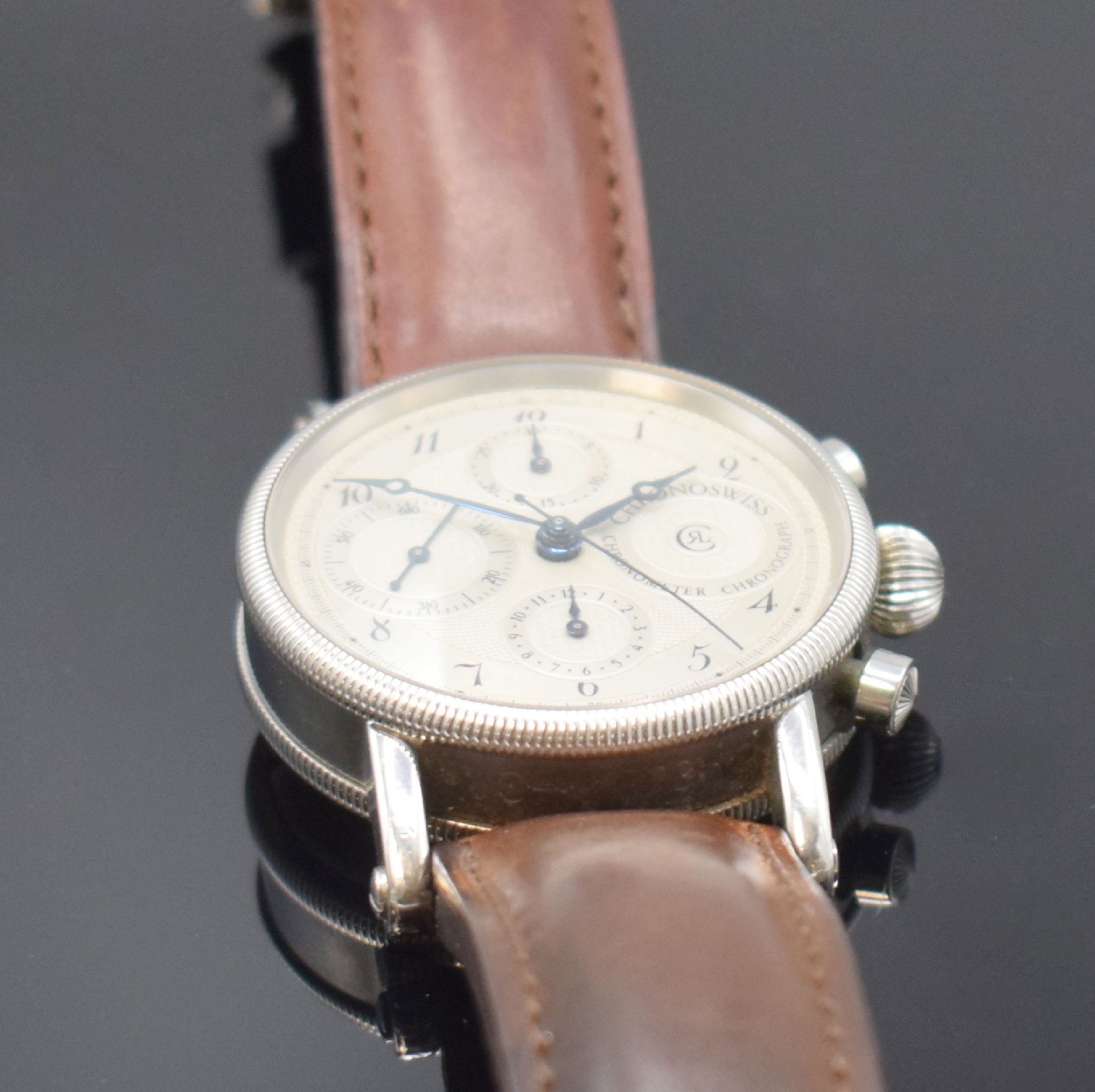 Detail d: CHRONOSWISS Armbandchronometer mit Chronograph Referenz CH 7523, Automatik, Schweiz um 1994, Edelstahlgeh. inkl. Lederband m. orig. Dornschl., beids. ...