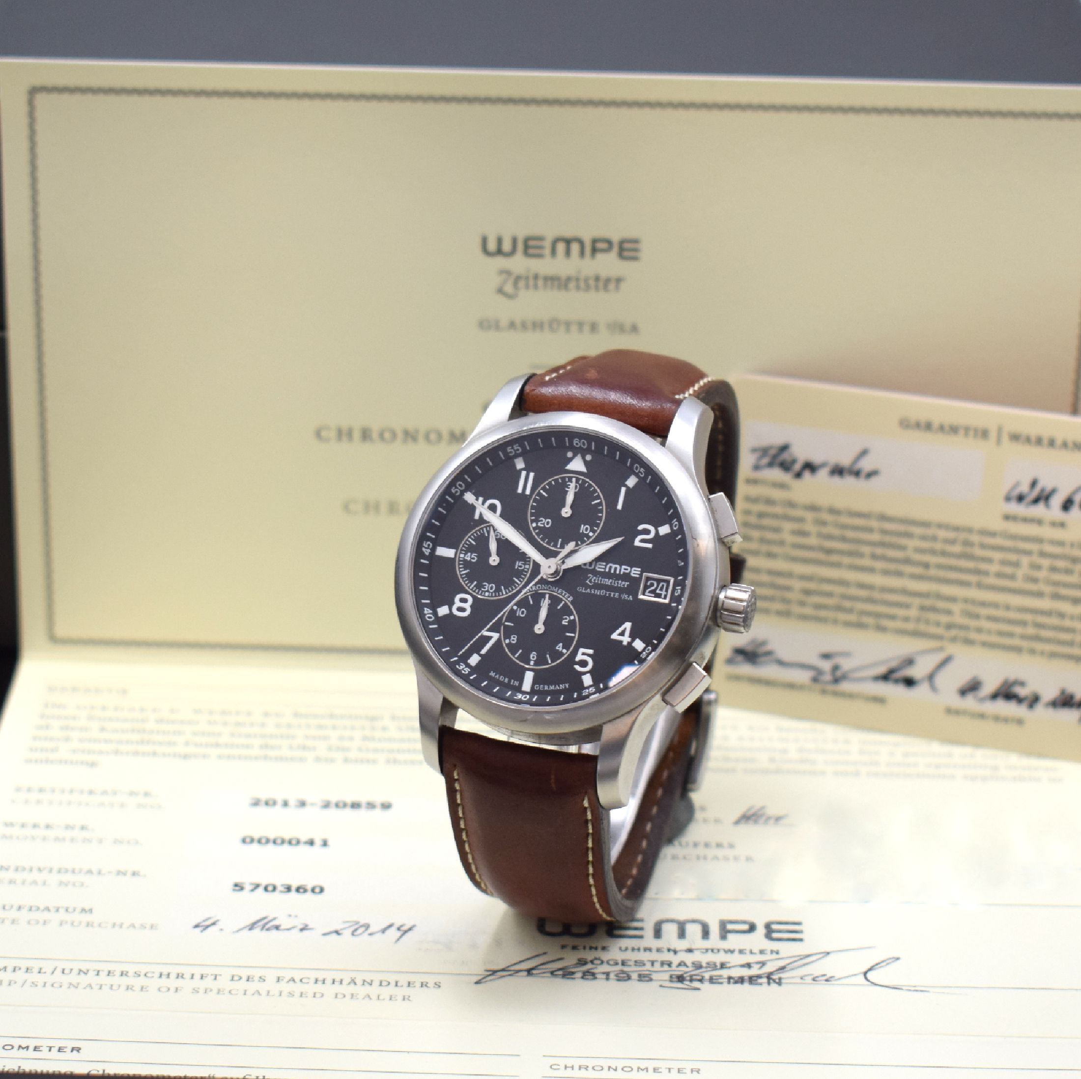 WEMPE Zeitmeister Armbandchronometer mit Chronograph, Automatik, Edelstahlgeh. inkl. orig. Lederband m. orig. Dornschl., Boden m. Darst. Sternwarte ...