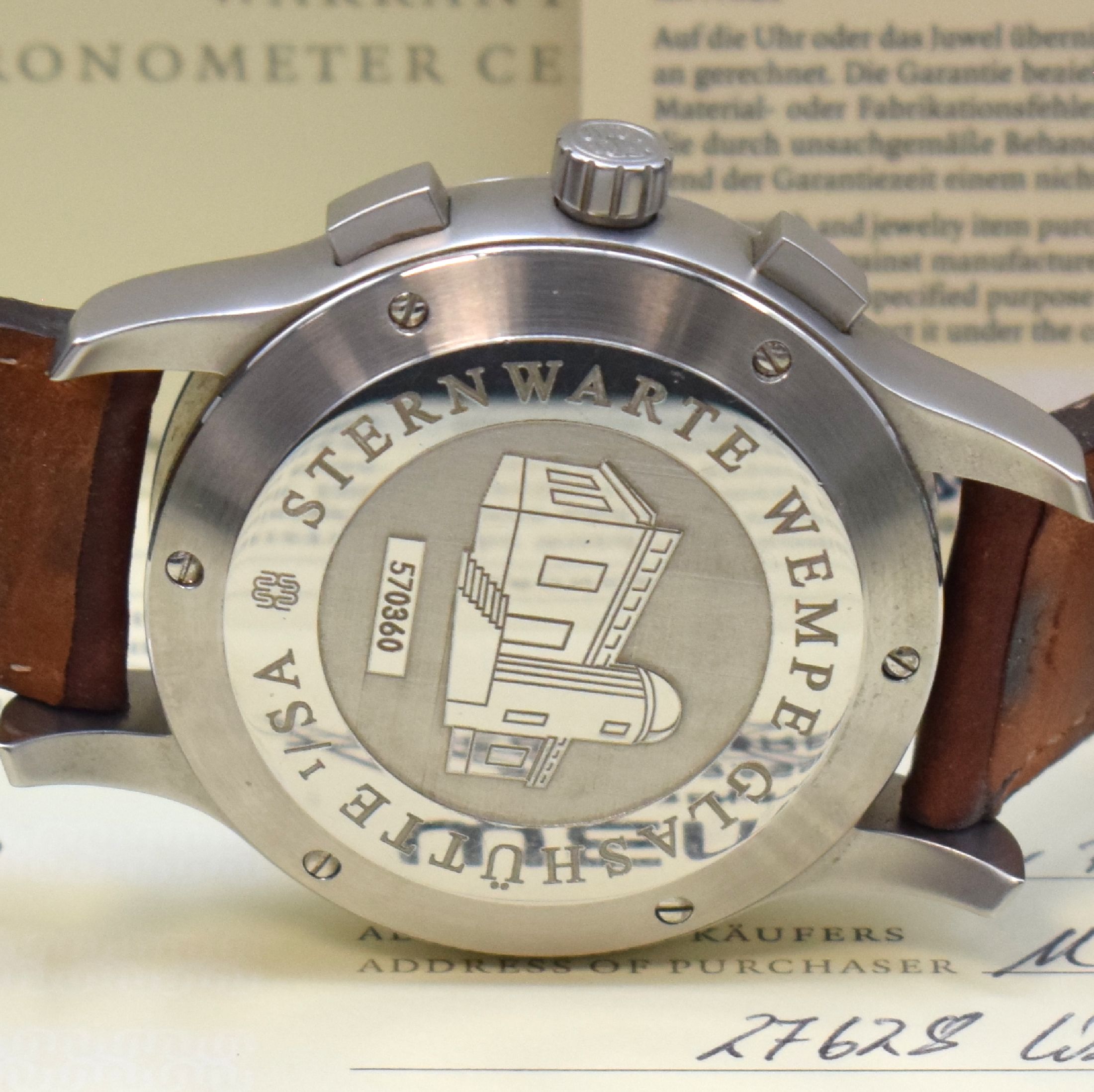 Detail d: WEMPE Zeitmeister Armbandchronometer mit Chronograph, Automatik, Edelstahlgeh. inkl. orig. Lederband m. orig. Dornschl., Boden m. Darst. Sternwarte ...